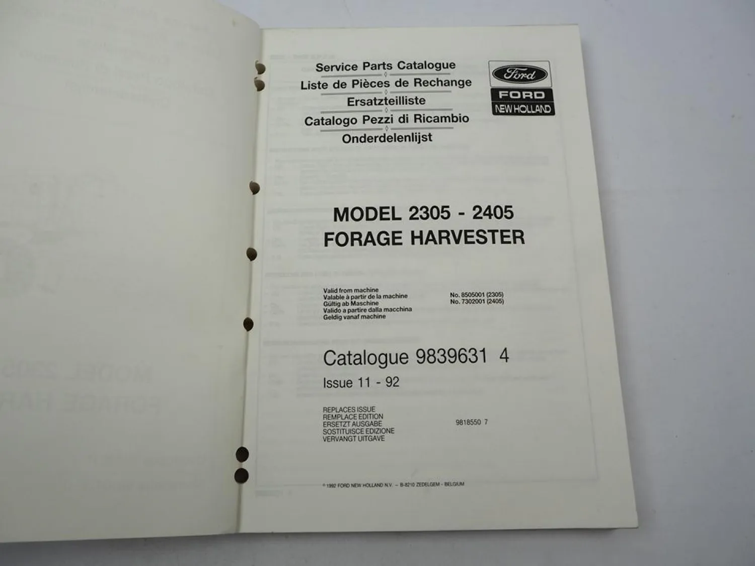 Original Ford New Holland 2305 2405 Feldhäcksler Parts List Ersatzteilliste 1992