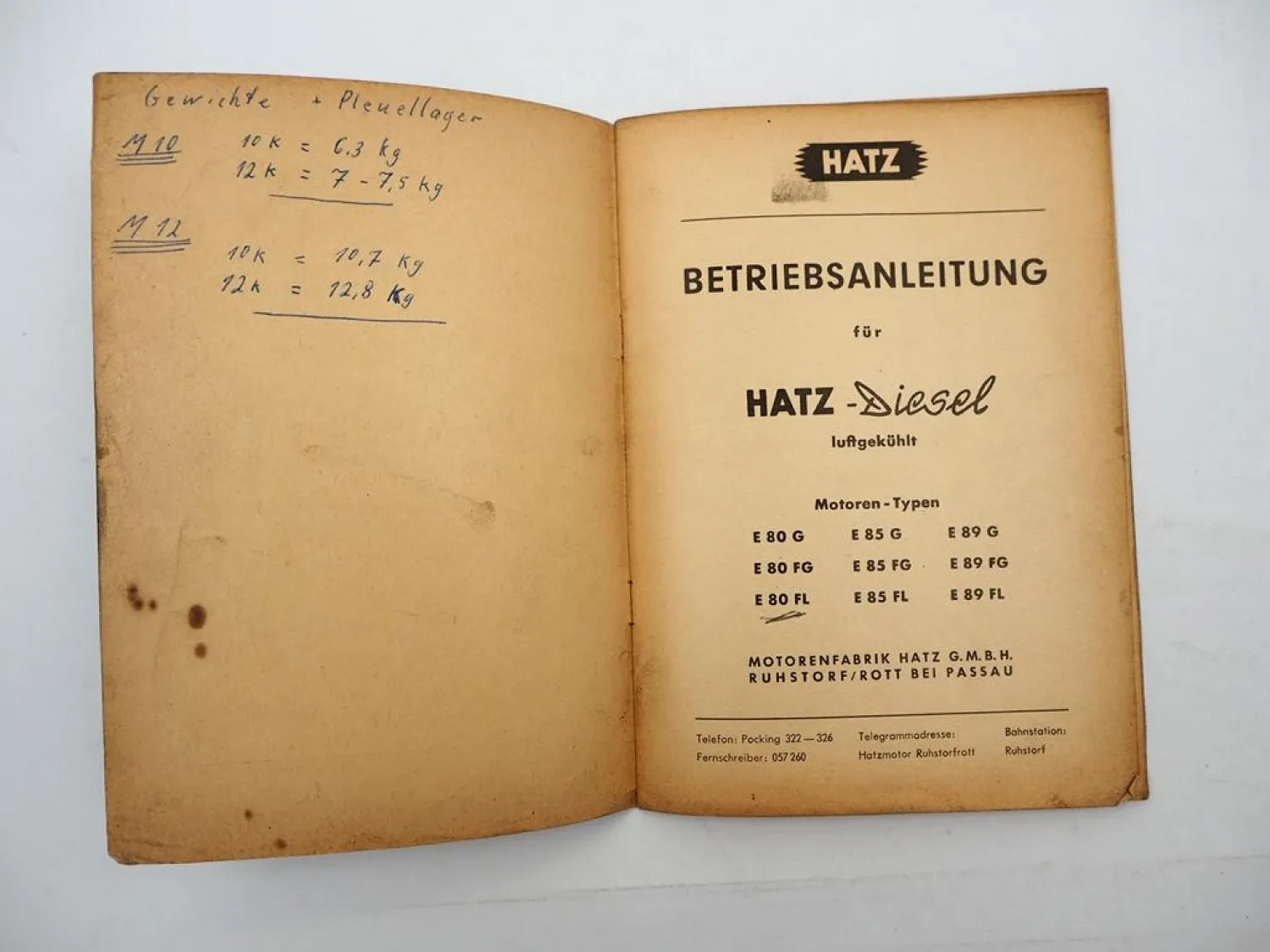 Original Hatz E 80 85 89 G FG FL Dieselmotor Betriebsanleitung Wartung 1961