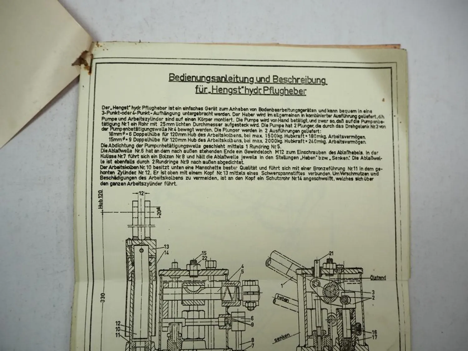Original Hengst Hydraulischer Kraftheber für Schlepper Betriebsanleitung 1955