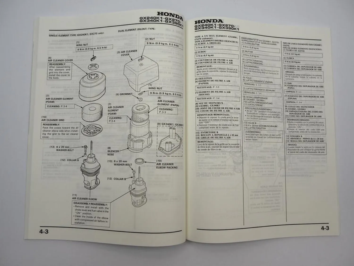 Original Honda GX240K1 GX270 GX340K1 GX390K1 Motor Werkstatthandbuch 1991