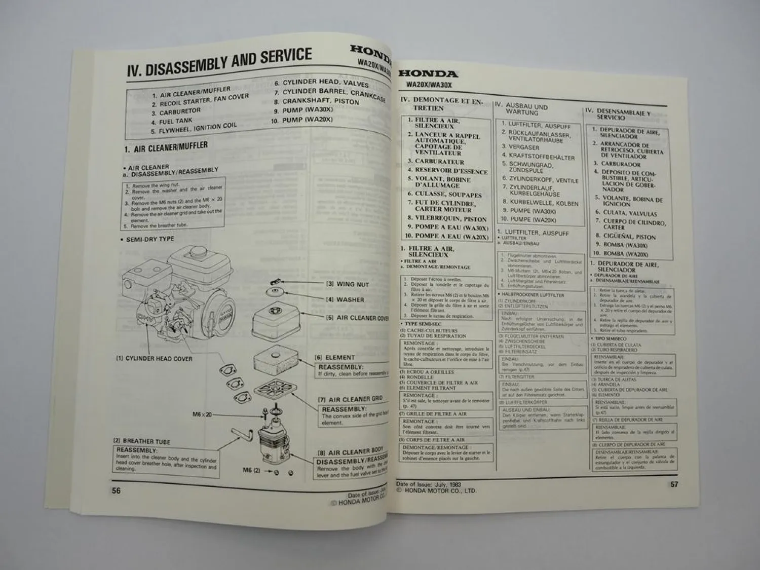 Original Honda WA20X WA30X Wasserpumpe Werkstatthandbuch Reparatur 1983