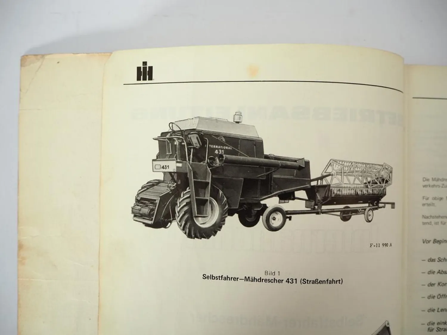Original IHC 321 431 Mähdrescher Betriebsanleitung Bedienung Wartung 1974