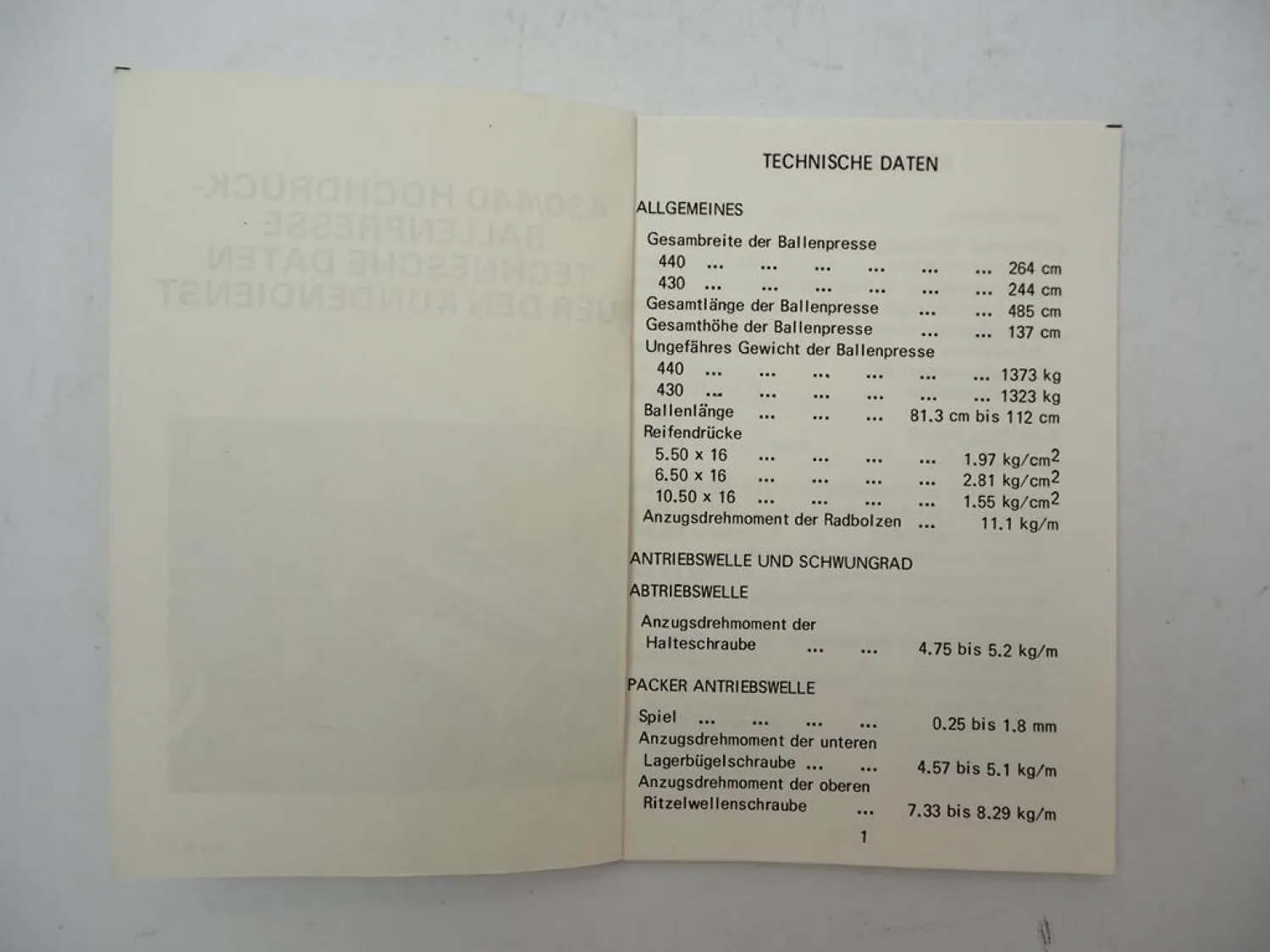 Original IHC 430 440 Hochdruck Ballenpresse Technische Daten 1960/70er Jahre