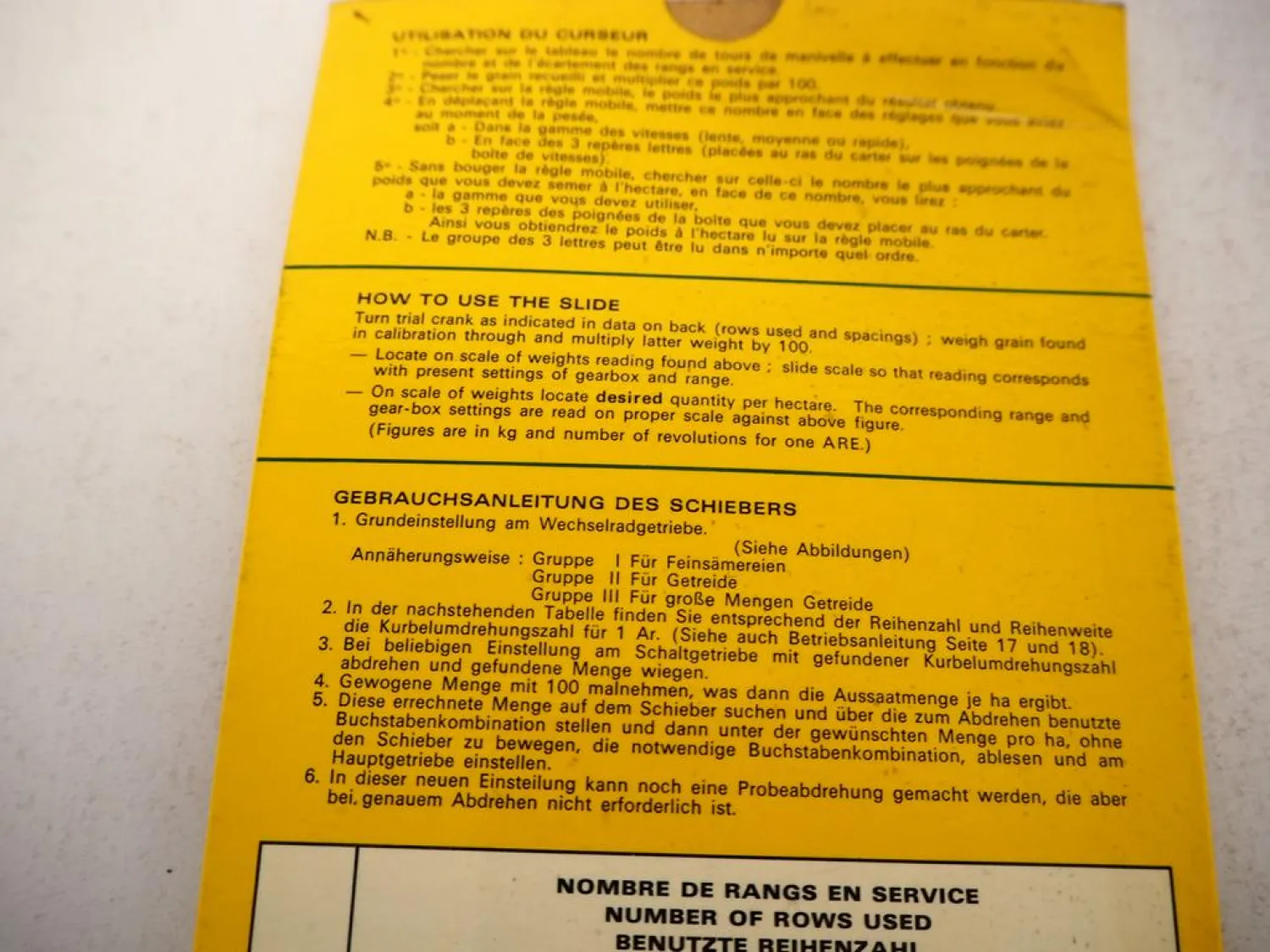 Original John Deere AB 100 200 300 Semoirs Sämaschine Einstelltabelle Schieber