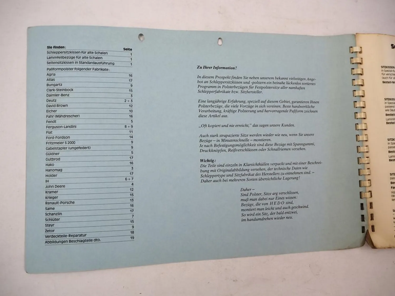 Original Katalog Hedo Sitzkissen für Schlepper Fendt Güldner Deutz Schlüter 1984