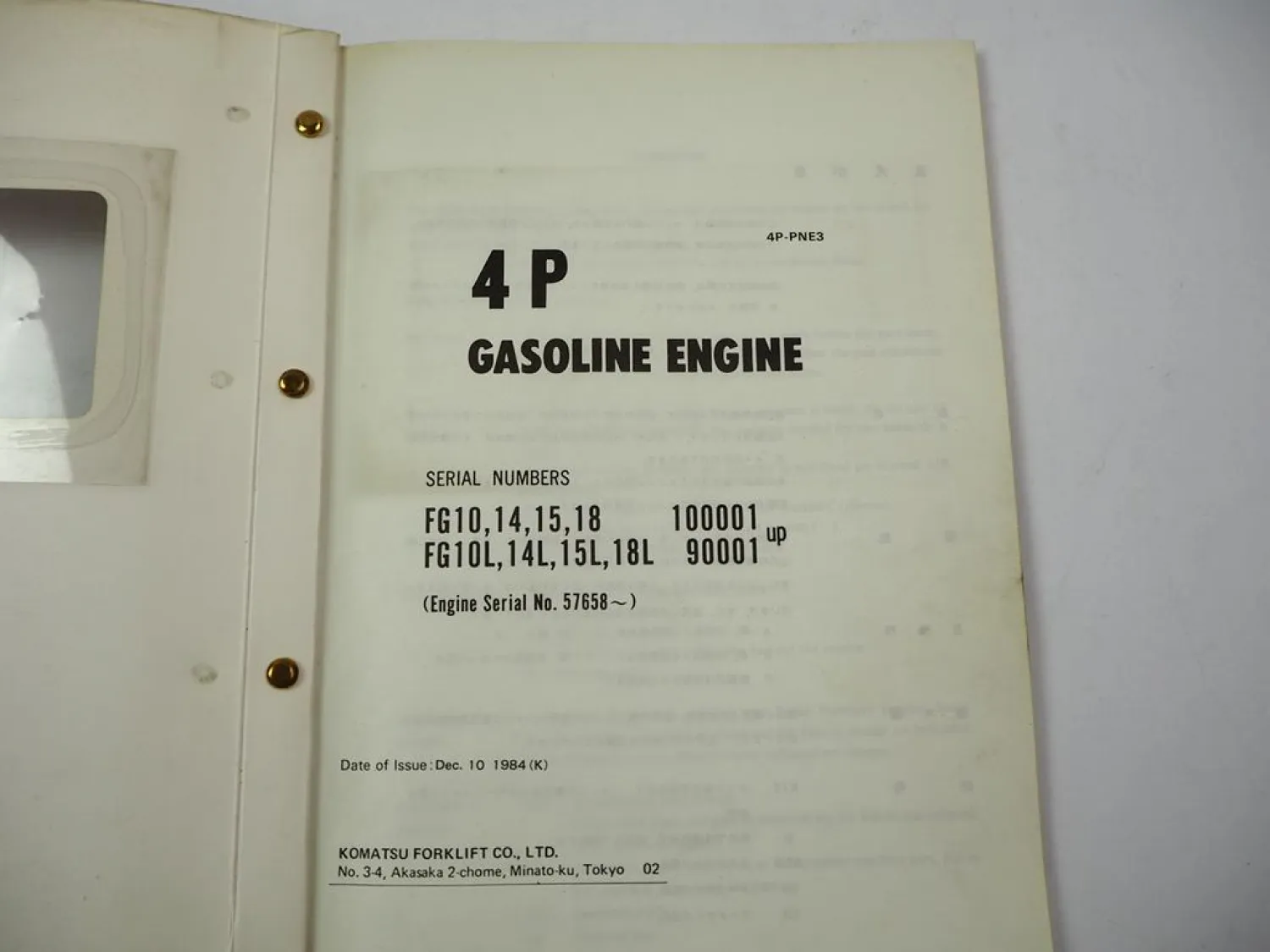 Original Komatsu 4P Gasoline Engine FG 10 14 15 18 L Forklift Parts Book 1984
