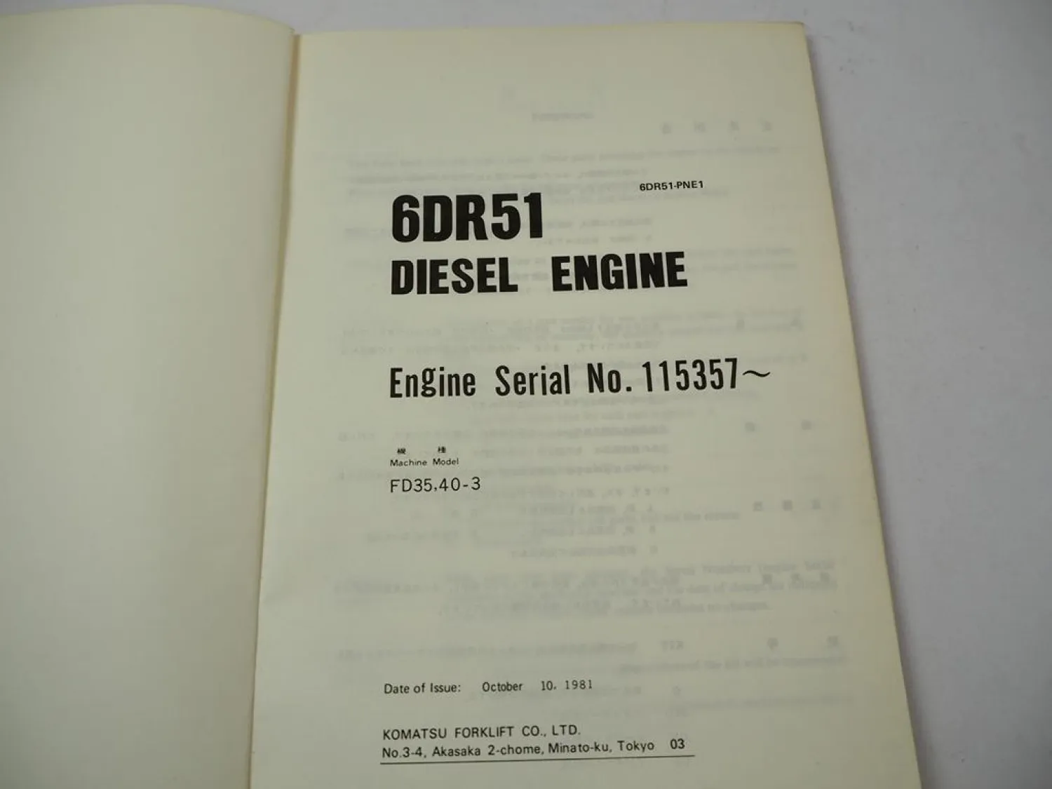 Original Komatsu 6DR51 Diesel Engine for FD 35 40 -3 Forklift Parts Book 1981