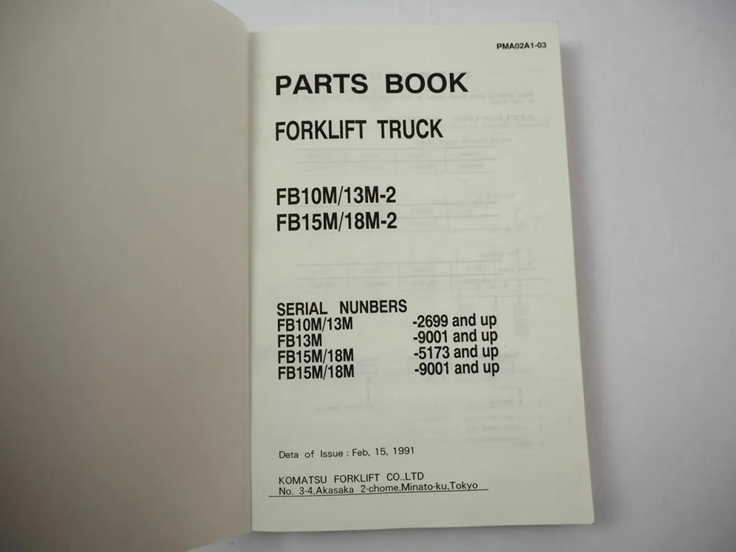 Original Komatsu FB 10 13 15 18 M -2 Forklift Parts List Ersatzteilliste 1991