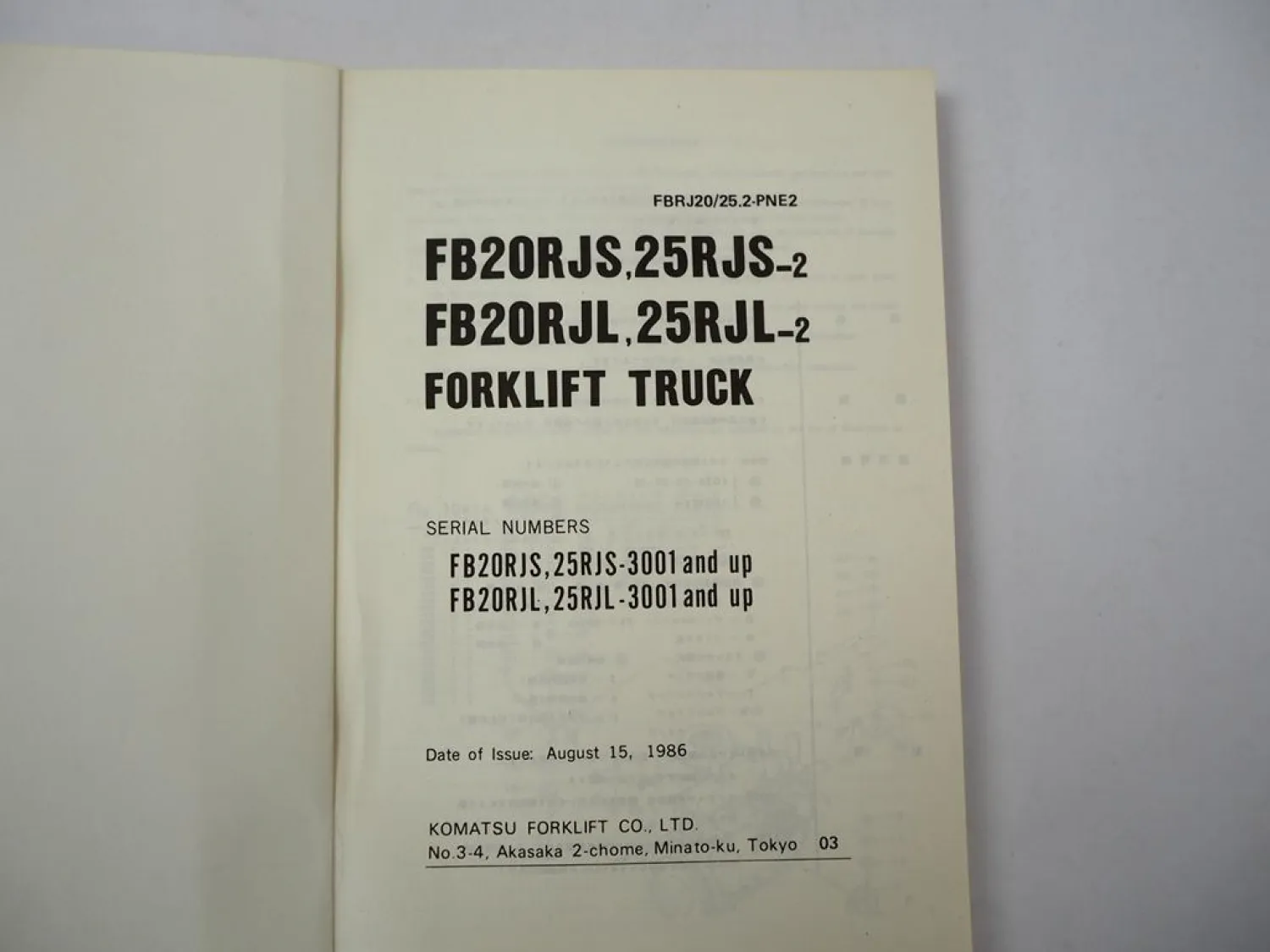 Original Komatsu FB 20 25 RJS RJL -2 Forklift Parts List Ersatzteilliste 1986