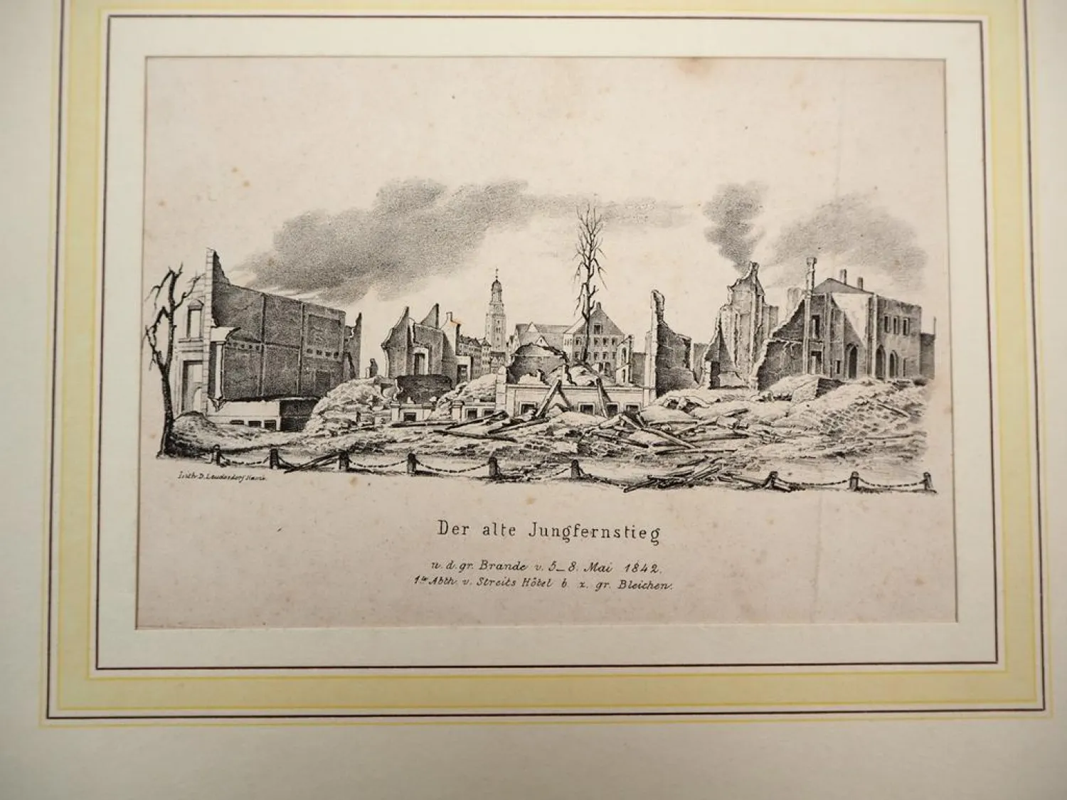 Original Kreidelithografie Hamburg Jungfernstieg nach Brand 1842 D. Leudesdorf
