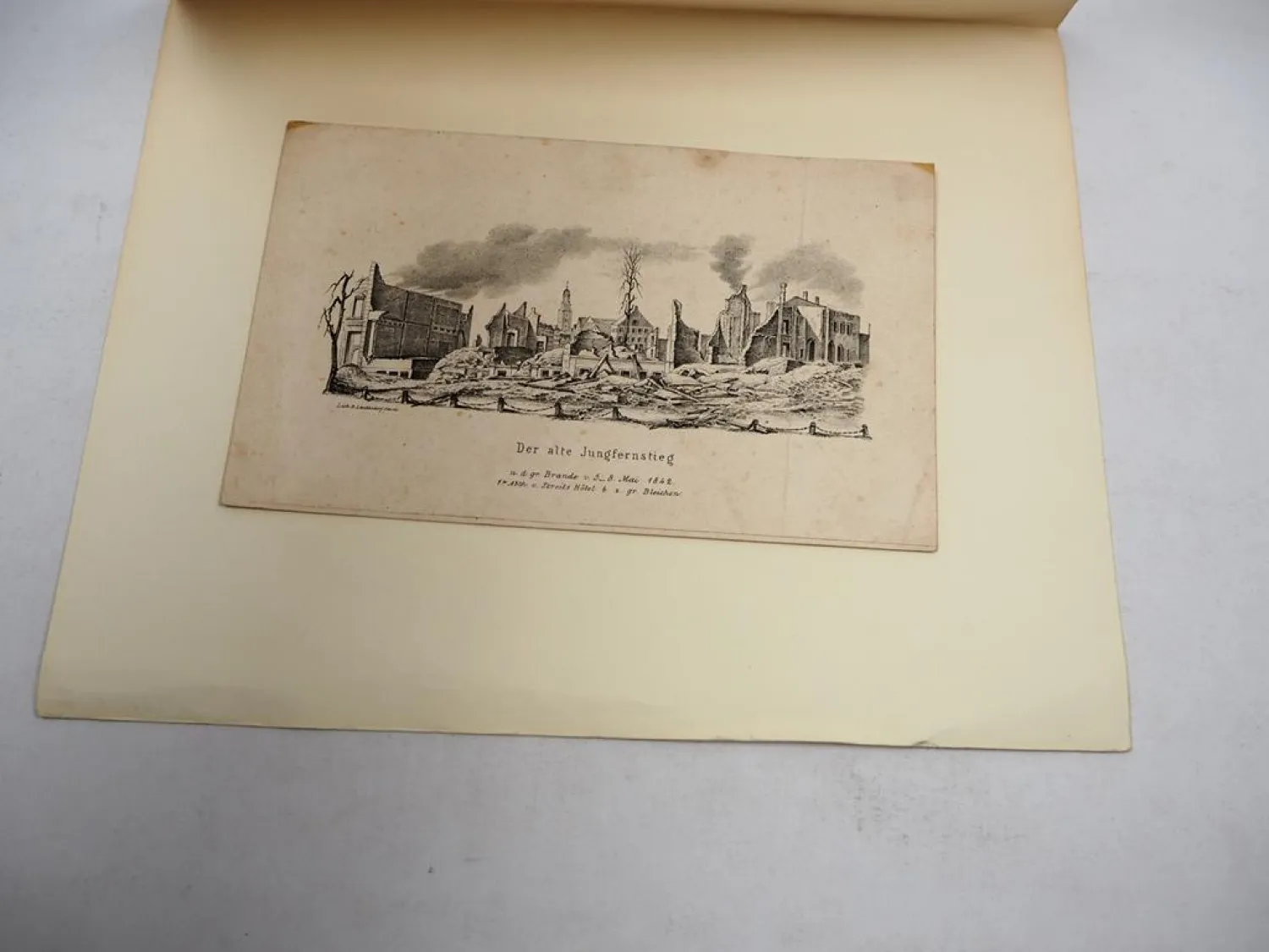 Original Kreidelithografie Hamburg Jungfernstieg nach Brand 1842 D. Leudesdorf