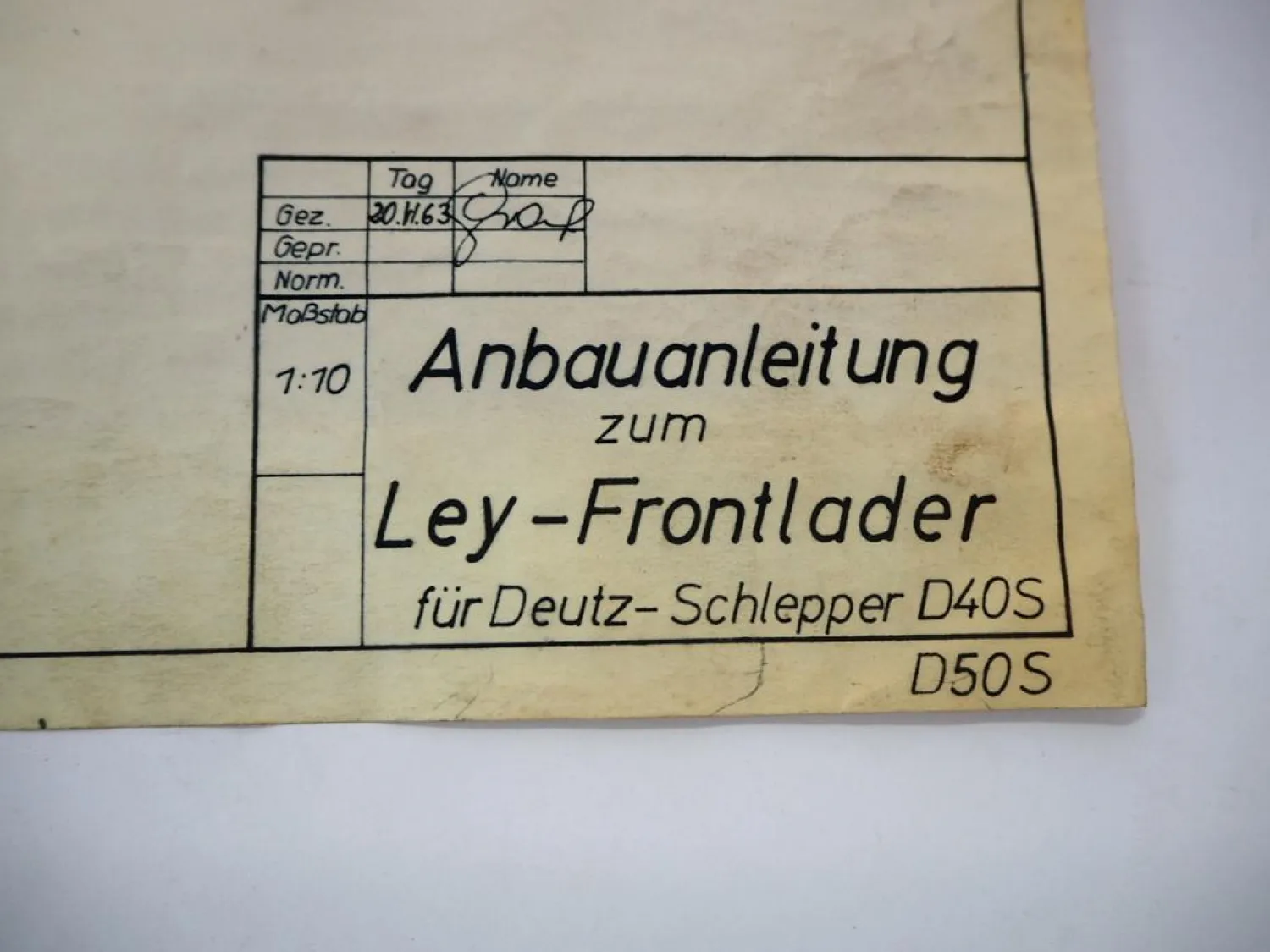Original Ley Frontlader für Deutz D40S D50S Anbauanleitung Zeichnung 1963