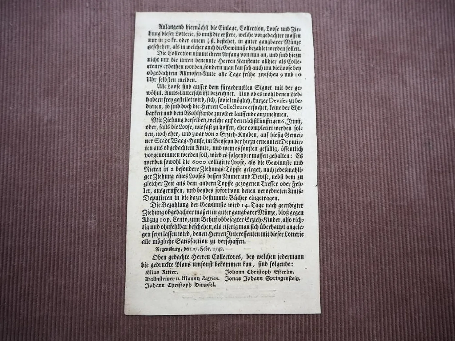 Original Lotterie Ankündigung Regensburg 1748 Almosenamt Gewinne Prämien