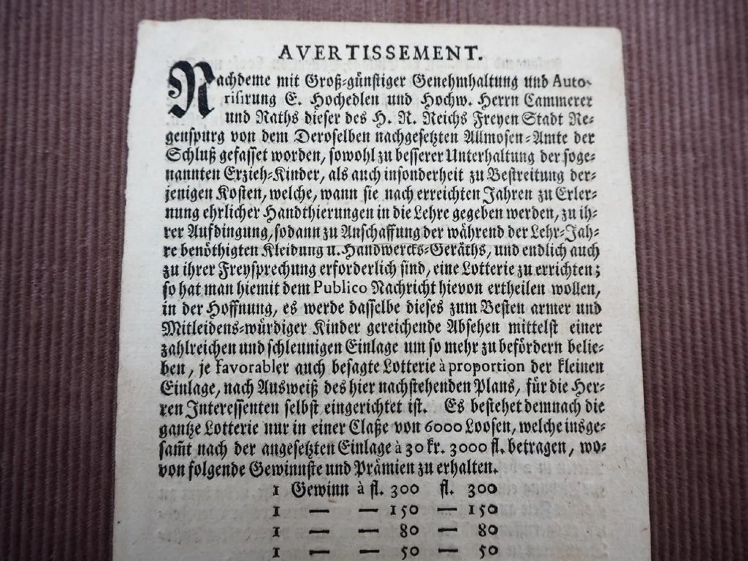 Original Lotterie Ankündigung Regensburg 1748 Almosenamt Gewinne Prämien