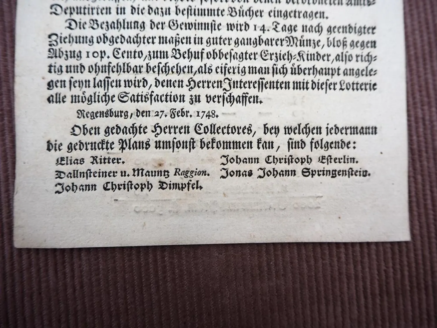 Original Lotterie Ankündigung Regensburg 1748 Almosenamt Gewinne Prämien