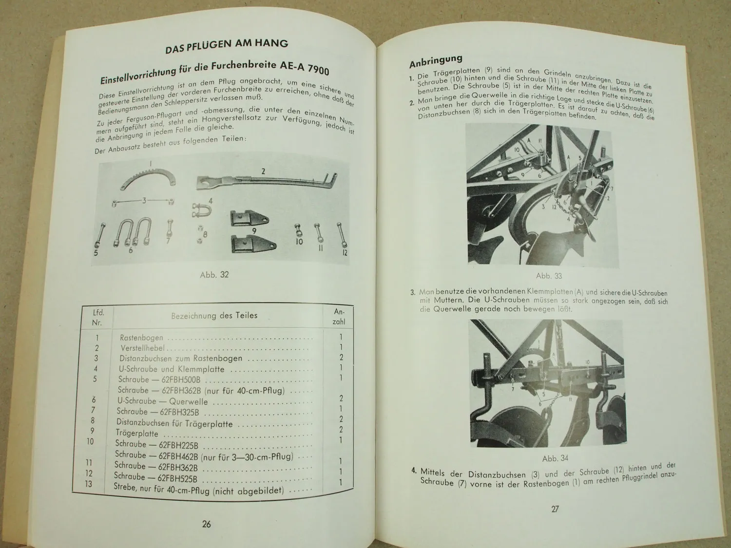 Original Massey Ferguson MF A210-HAE1 Bedienungsanleitung um1957 Ersatzteilliste