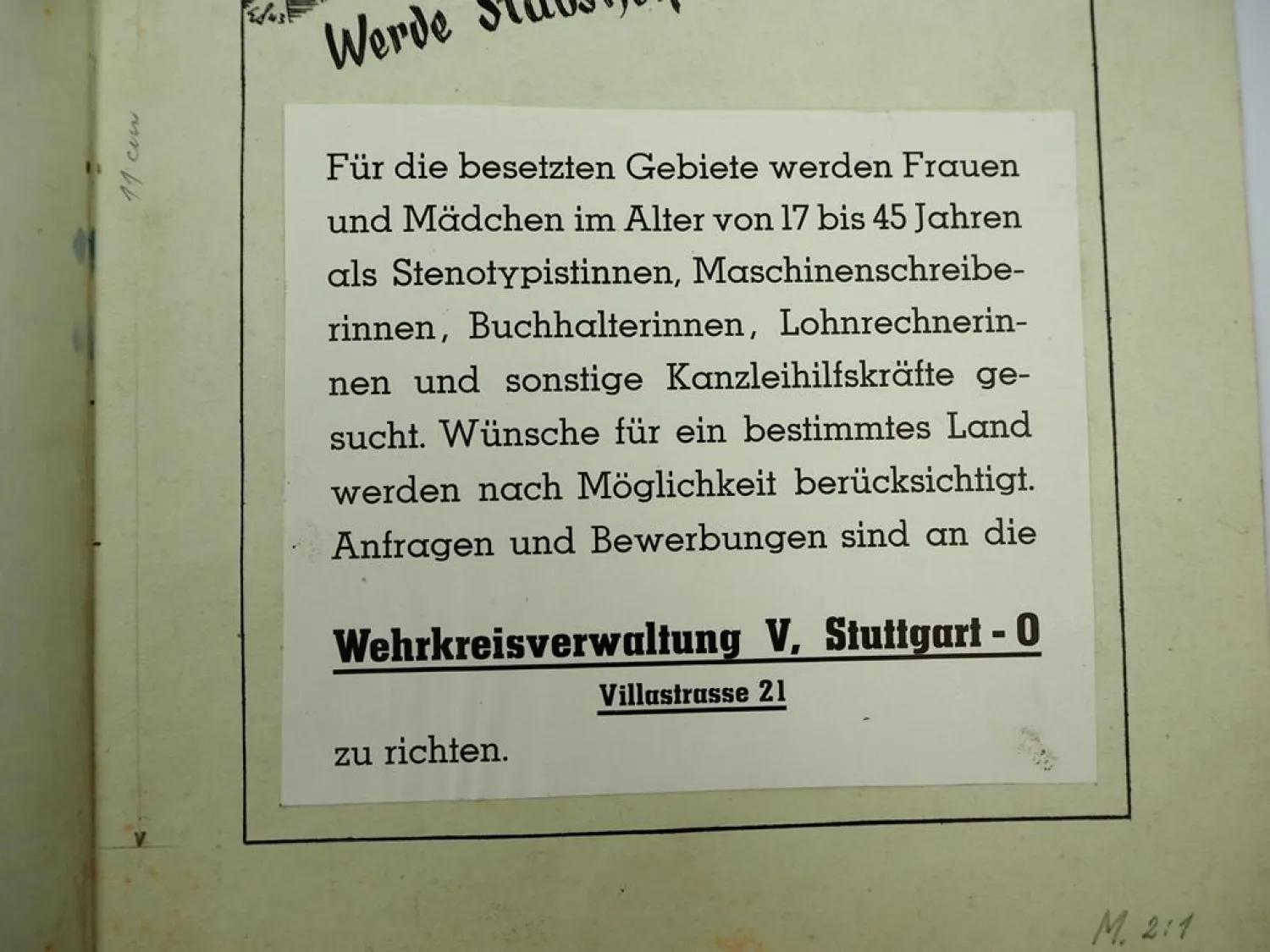 Original Matern Werbeentwurf Werde Stabshelferin des Heeres Stuttgart 1943