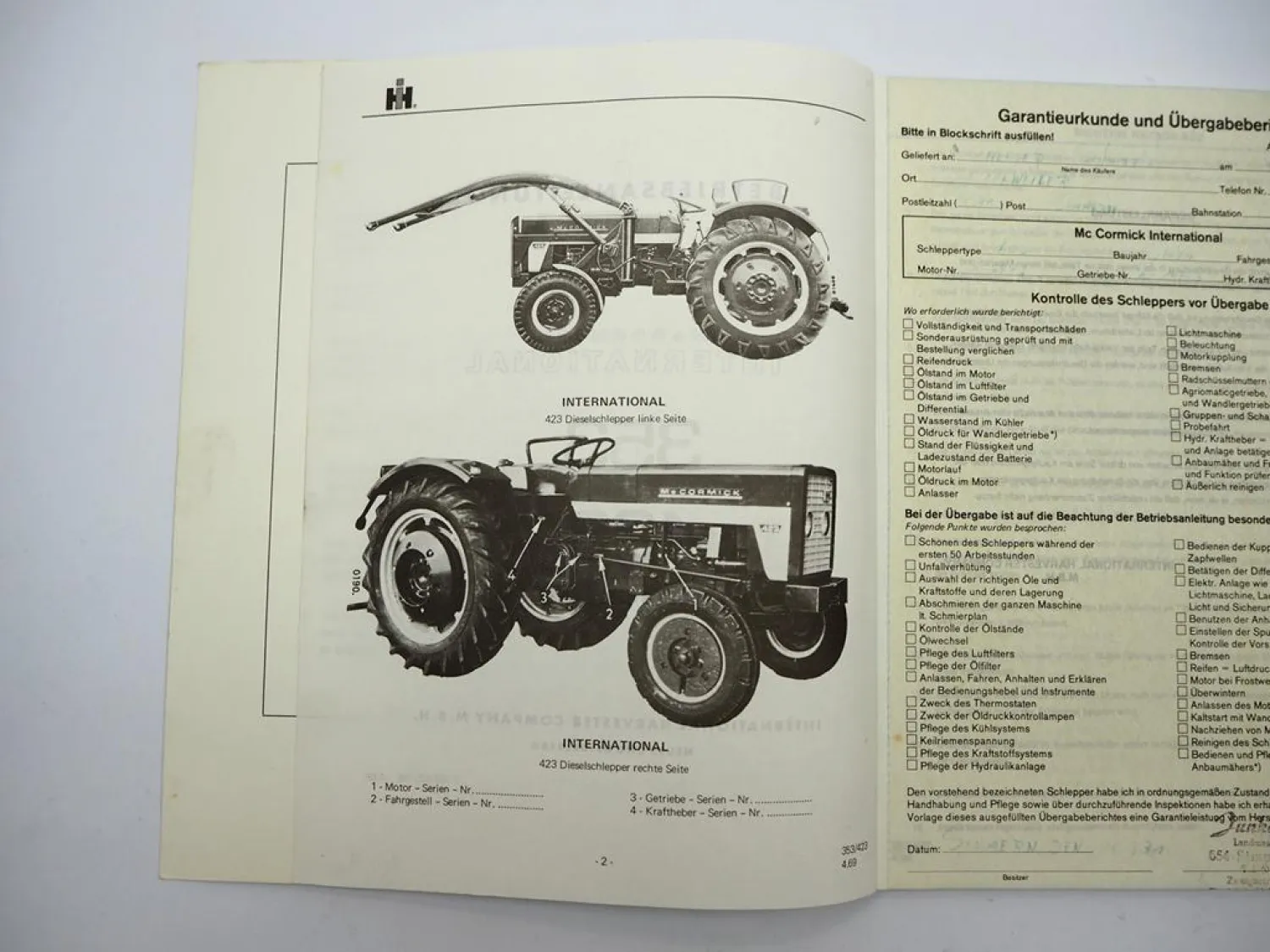 Original Mc Cormick IHC 353 423 Dieselschlepper Betriebsanleitung Wartung 1969