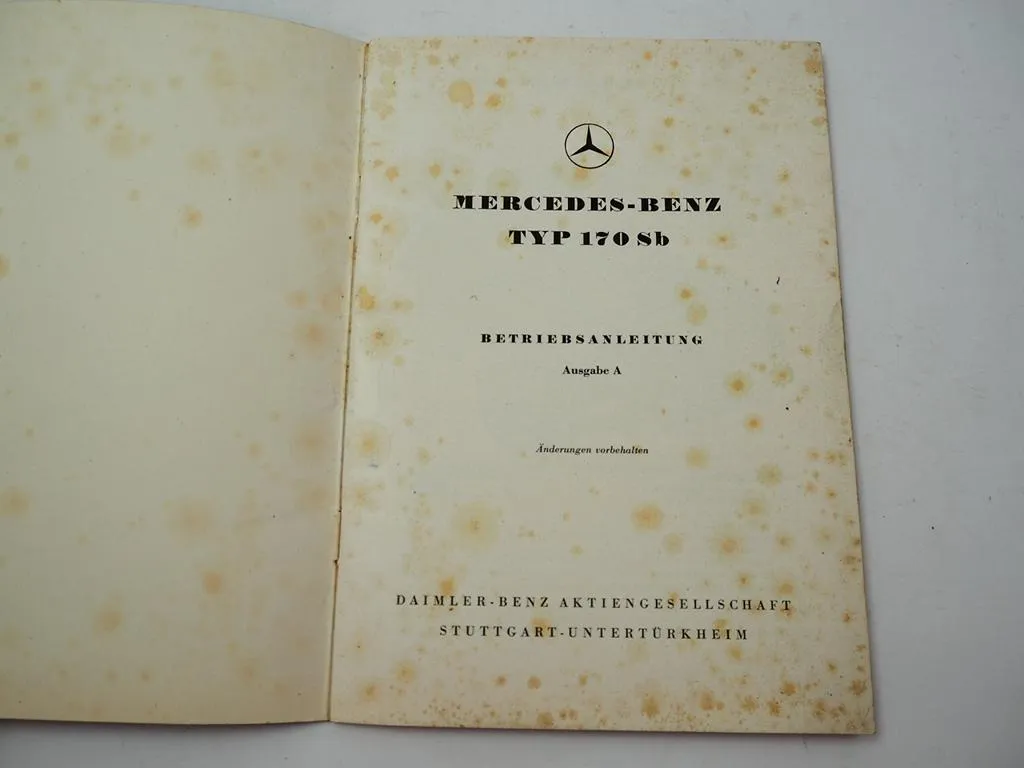 original Mercedes Benz 170 Sb W191 Bedienungsanleitung Betriebsanleitung A 1952