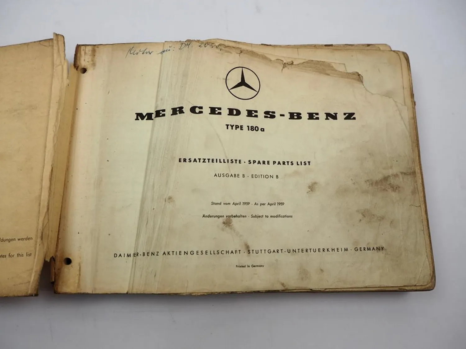 Original Mercedes Benz PKW 180a W120 Ponton Ersatzteilliste Parts List 1959