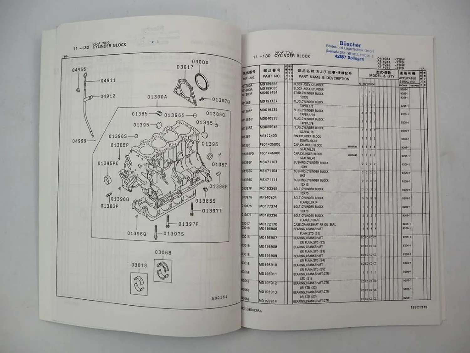 Original Mitsubishi 4G63 4G64 Engine for FG Forklift Spare Parts List 1992