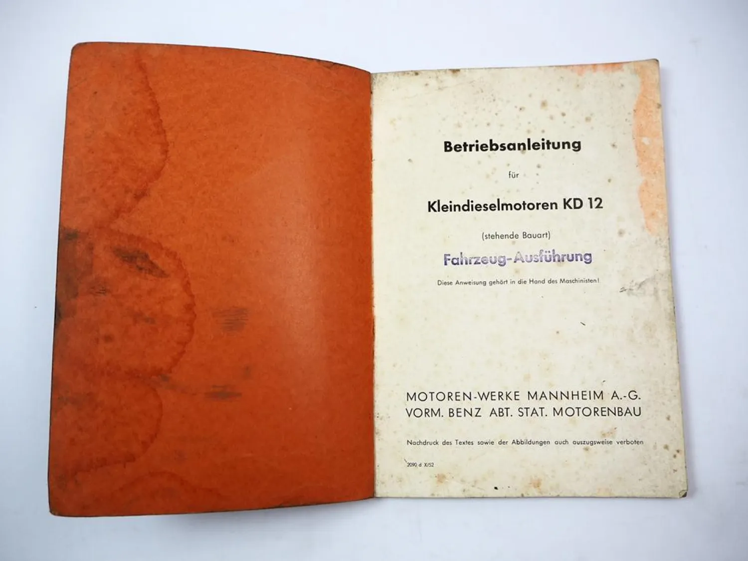 Original MWM KD12 E Z Dieselmotor Betriebsanleitung Ersatzteilliste 1952