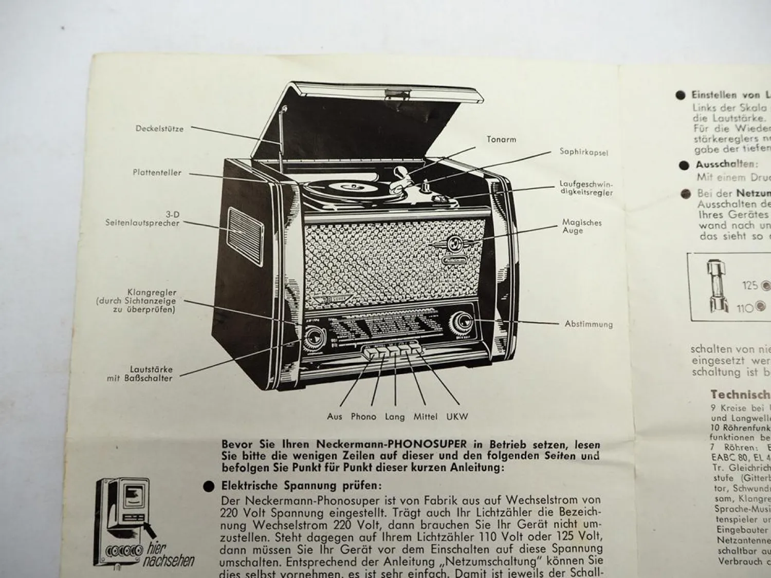 Original Neckermann 3D Phono Super Radio Plattenspieler Betriebsanleitung 1955