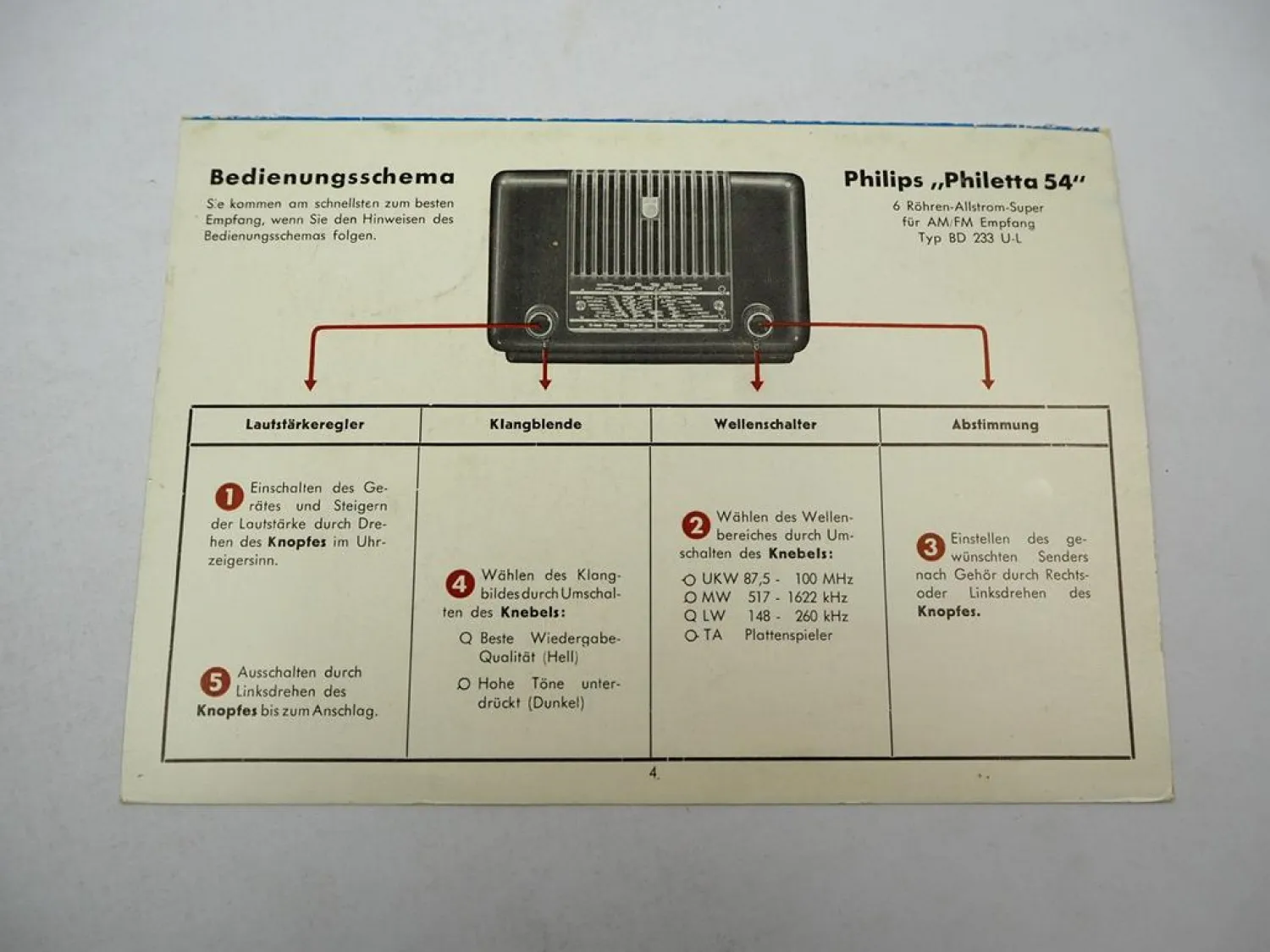 Original Philips Philetta 54 Typ BD233 U-L Radio Betriebsanleitung 1950er Jahre