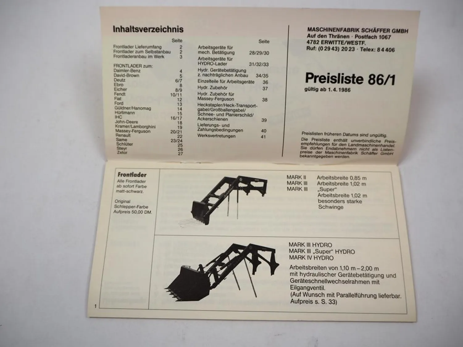 Original Preisliste 86/1 Schäffer Frontlader Deutz DB Ford Eicher Fendt MF Schlüter