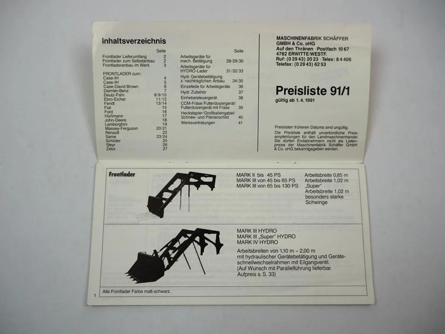 Original Preisliste 91/1 Schäffer Frontlader Case Deutz Eicher Fendt MF Schlüter