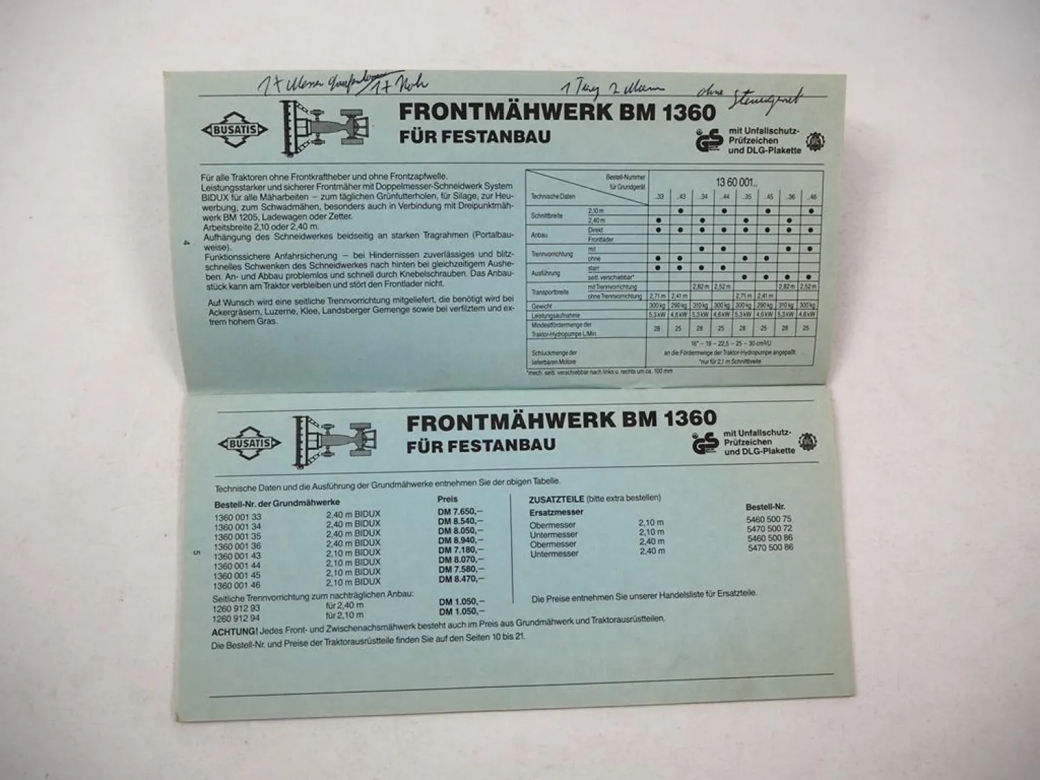 Original Preisliste Busatis Mähmaschinen Mähwerke Fingerbalken 1989