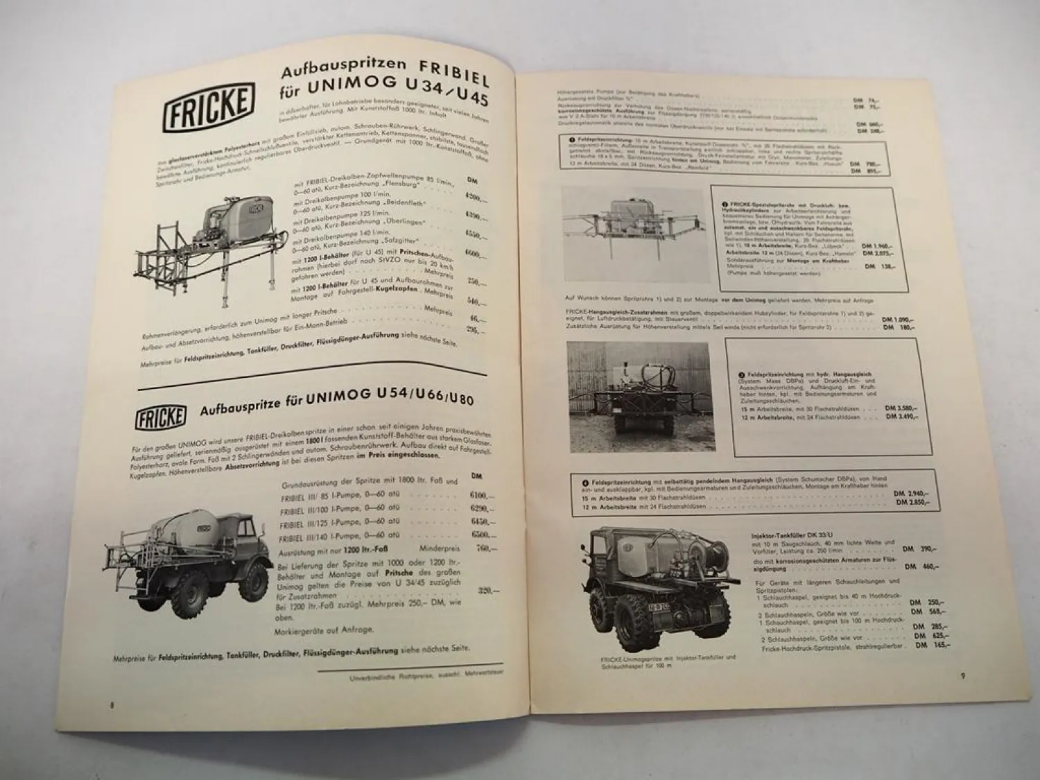 Original Preisliste Fricke Spritzgeräte Sprühgeräte Pumpen z.B. an Unimog 1970