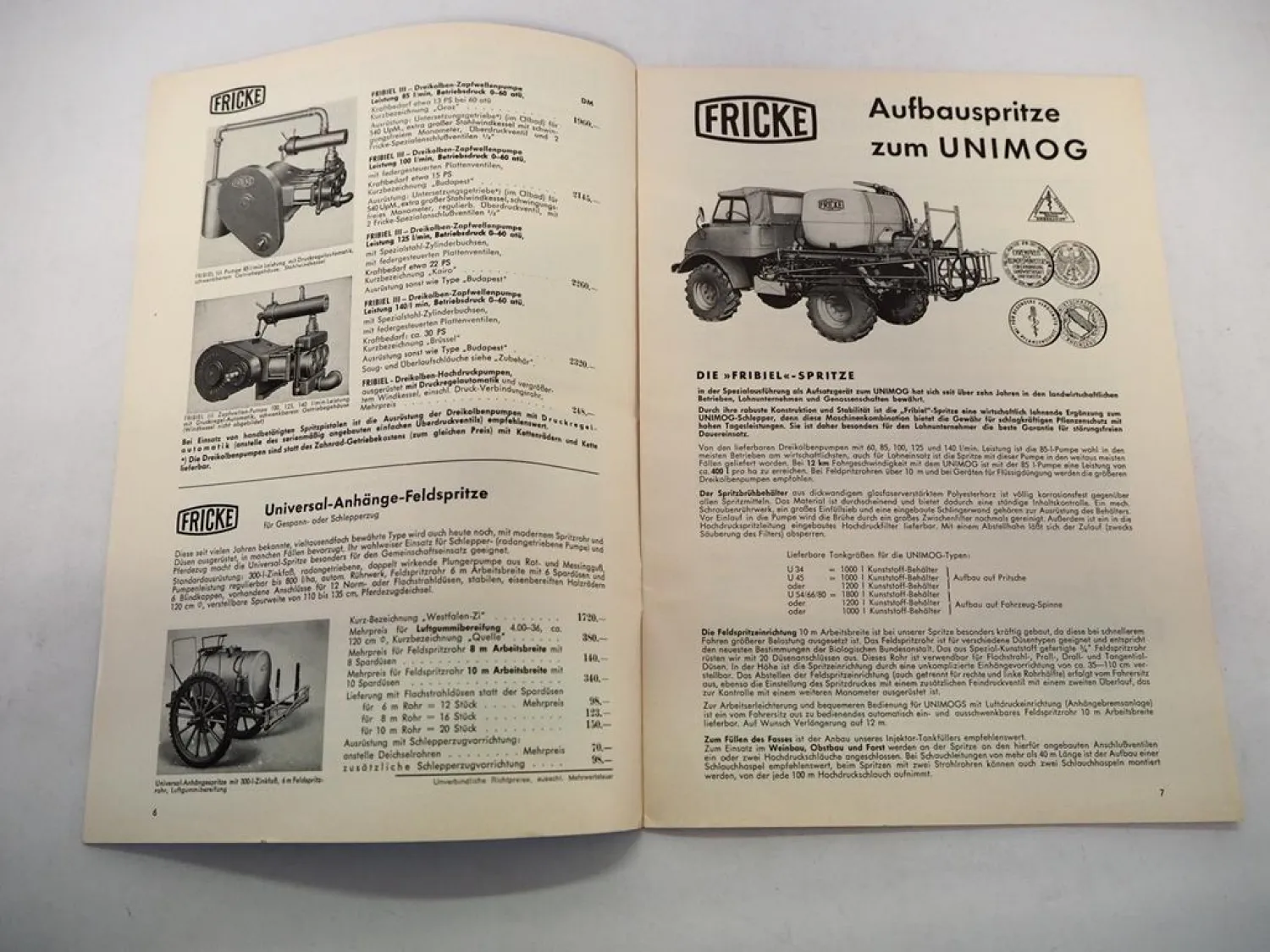 Original Preisliste Fricke Spritzgeräte Sprühgeräte Pumpen z.B. an Unimog 1970