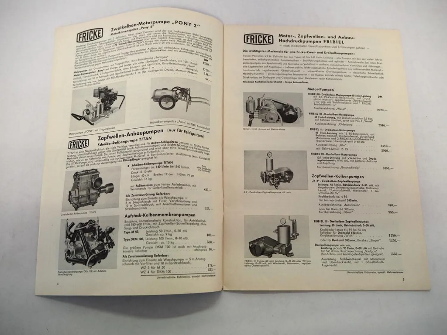 Original Preisliste Fricke Spritzgeräte Sprühgeräte Pumpen z.B. an Unimog 1970