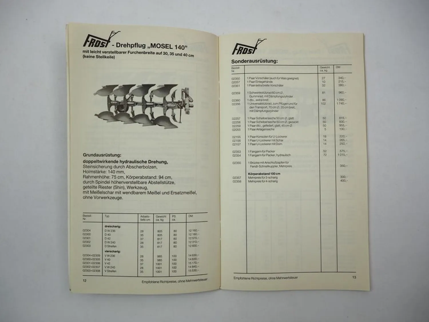 Original Preisliste Frost Maschinenfabrik Pflüge Grubber Eggen Frontlader 1985