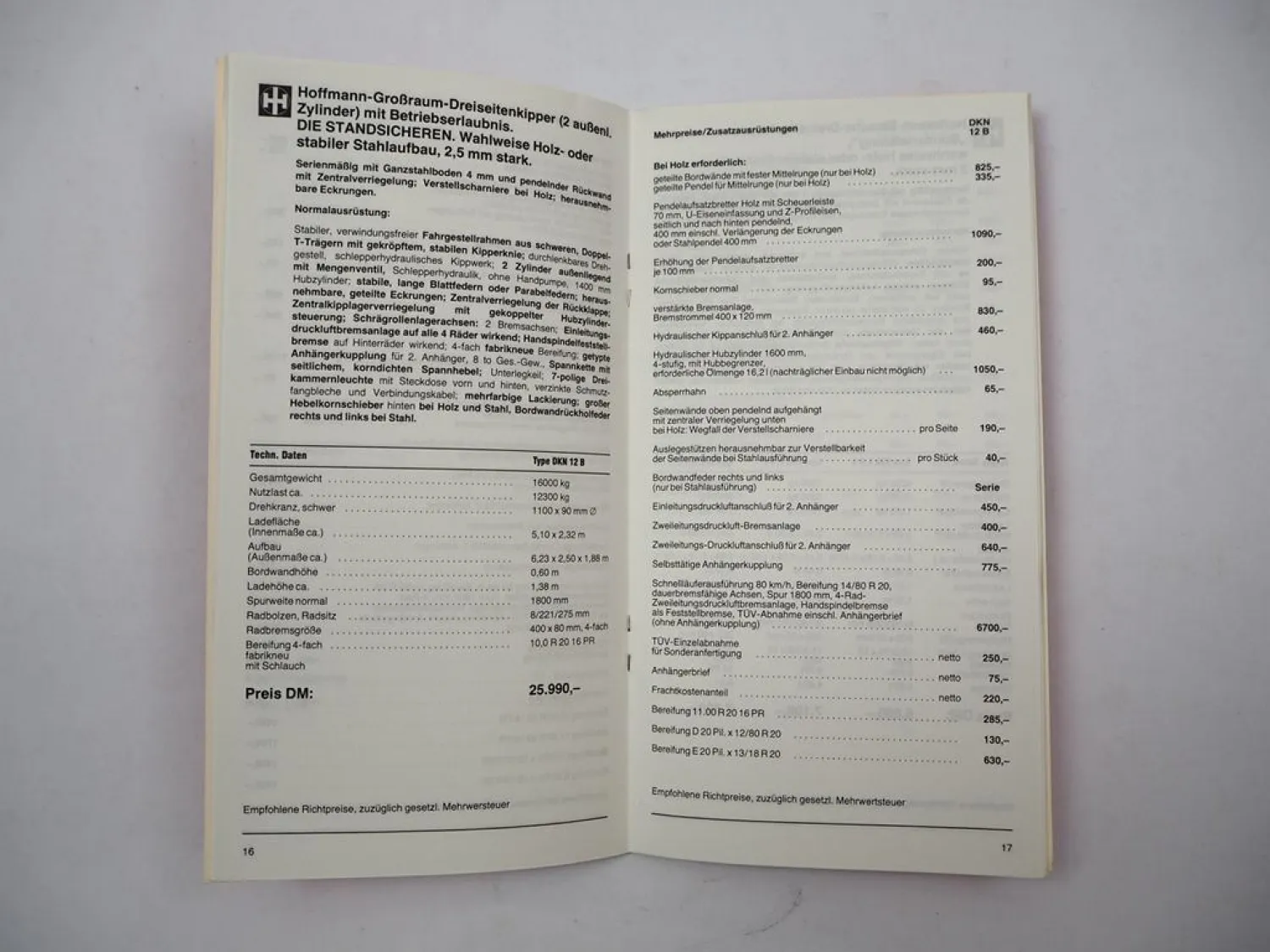 Original Preisliste Hoffmann Eschershausen Anhänger Kipper 1983
