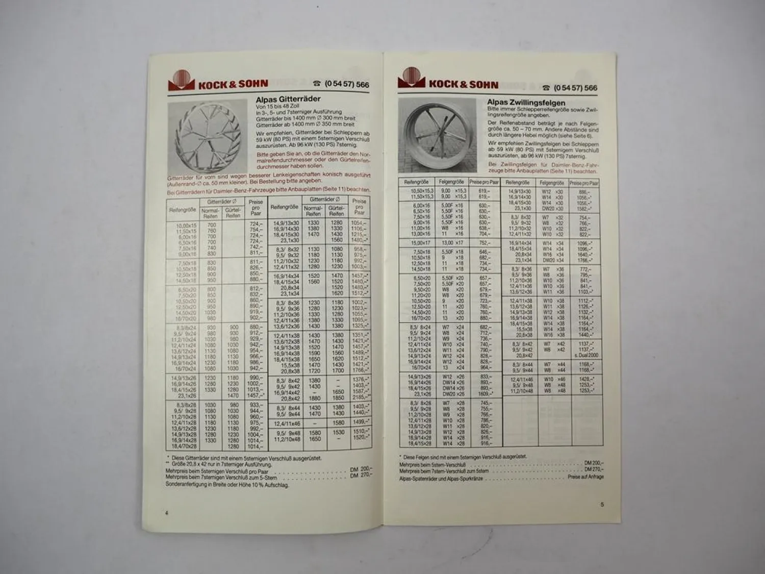 Original Preisliste Kock & Sohn Räder Felgen Arbeitsgeräte für Schlepper 1986