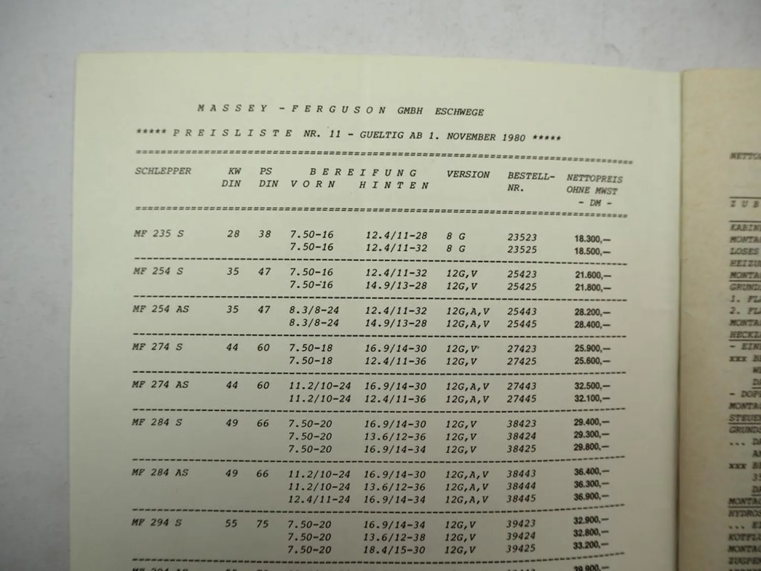 Original Preisliste Massey Ferguson MF Schlepper und Zubehör 1980