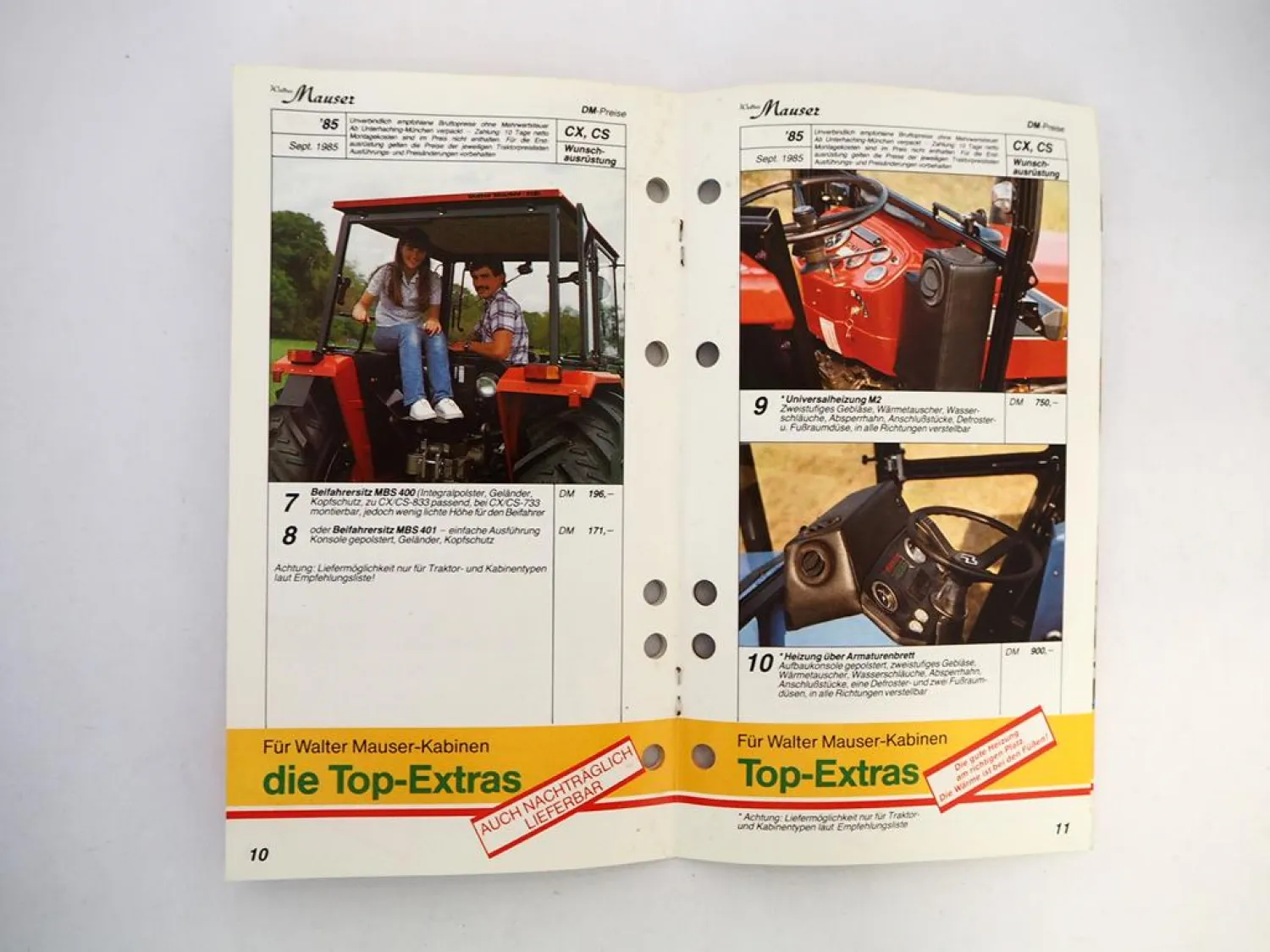 Original Preisliste Mauser CX CS Serie Kabinen für Schlepper z.B. JD MF MB 1985
