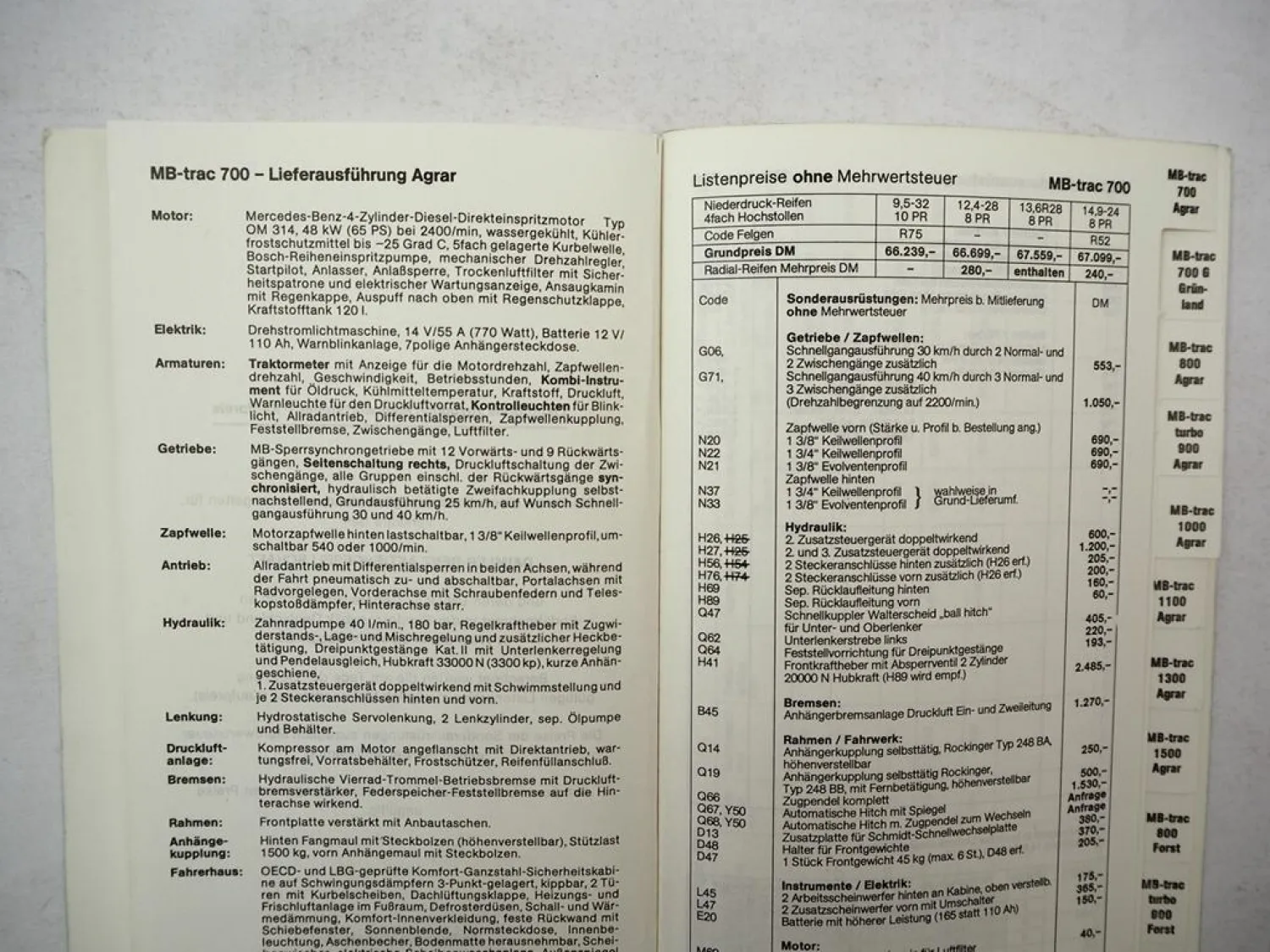 Original Preisliste MB-trac 700 700G 800 900 1000 1100 1300 1500 Agrar Forst