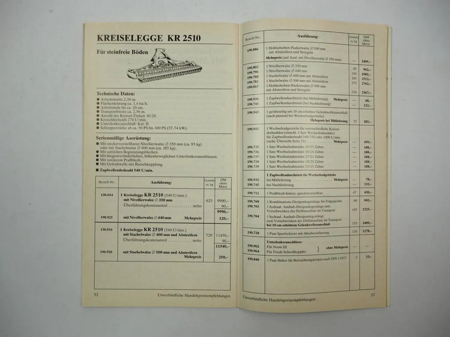 Original Preisliste Niemeyer Landtechnik Pflüge Eggen Bodenbearbeitung 1986