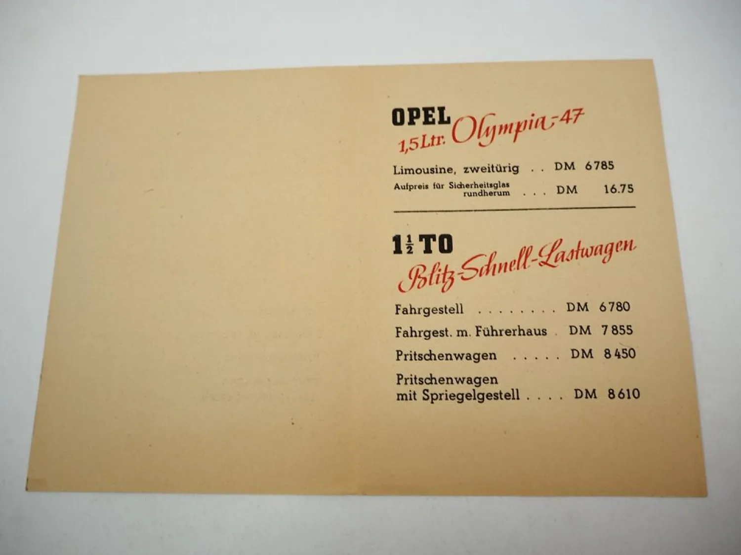 Original Preisliste Opel Olympia-47 Limousine Blitz Schnelllastwagen 1948