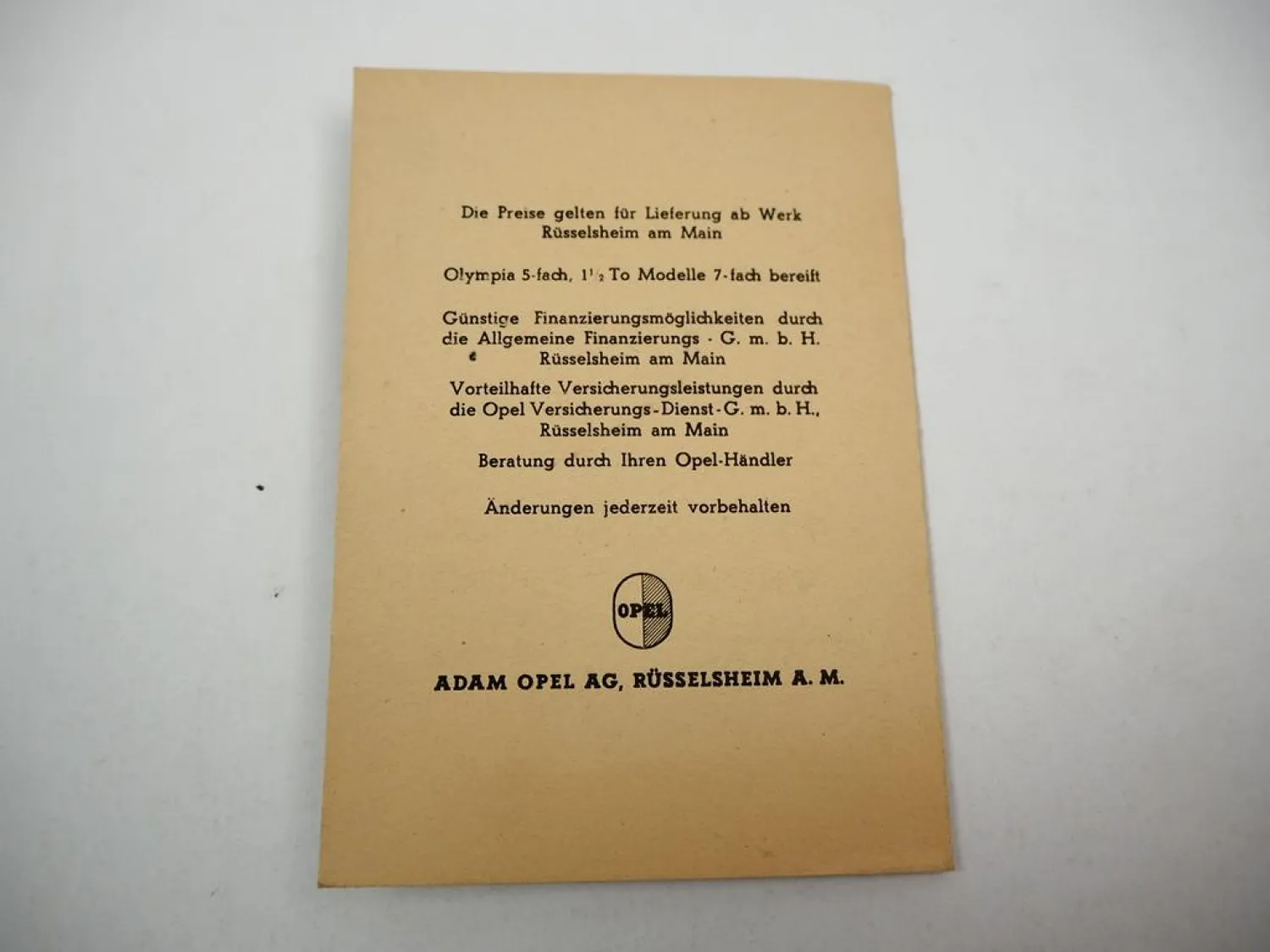 Original Preisliste Opel Olympia-47 Limousine Blitz Schnelllastwagen 1948