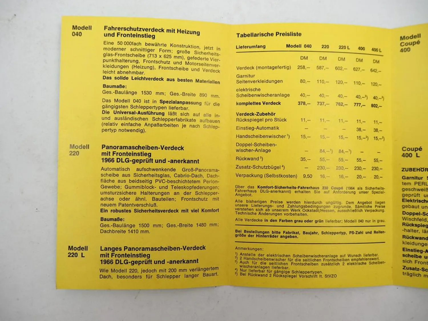 Original Preisliste Peko Verdeck Fahrersitz für Schlepper 1966