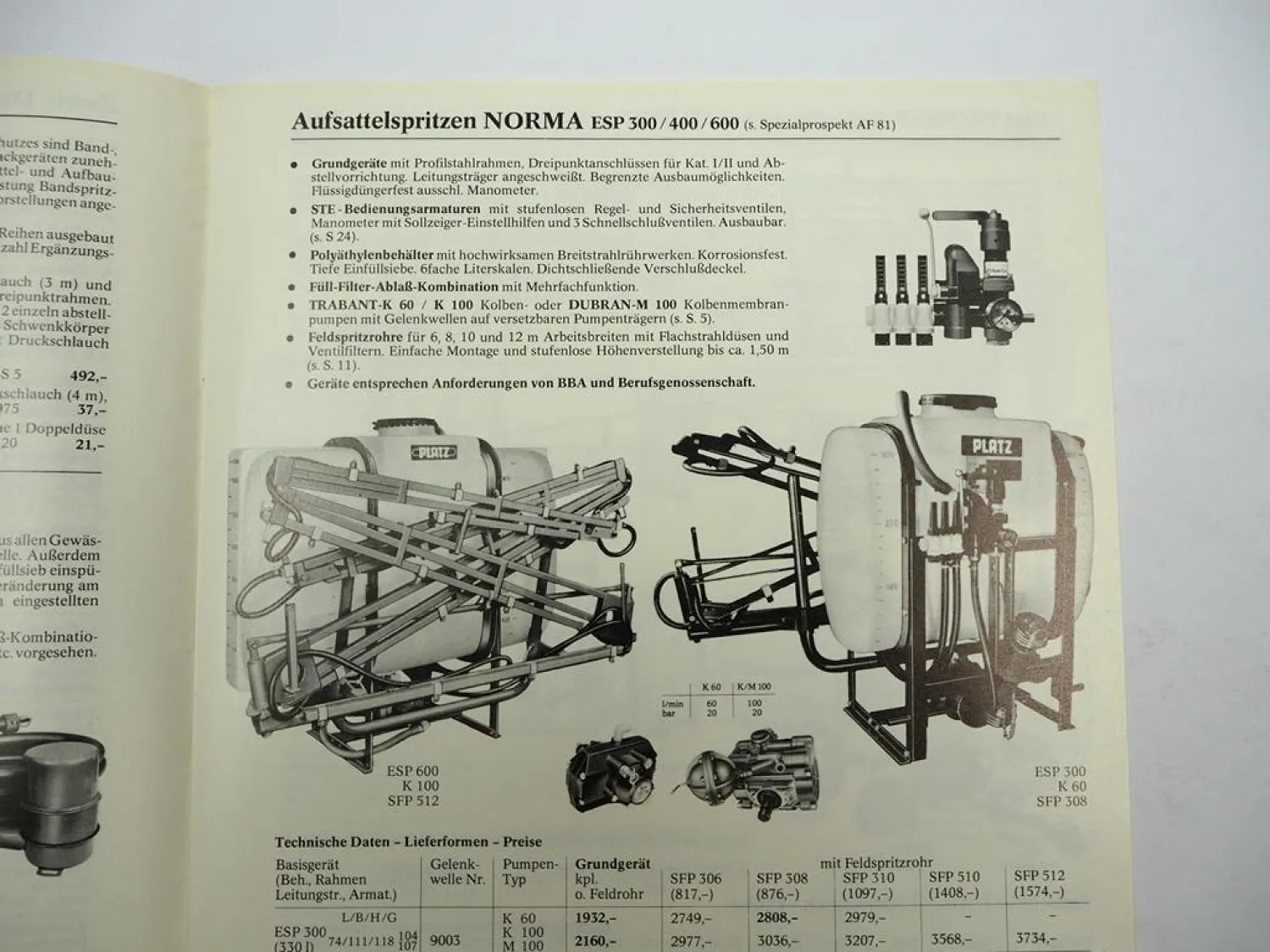Original Preisliste Platz Pflanzenschutzgeräte Spritzgeräte Programm 1982