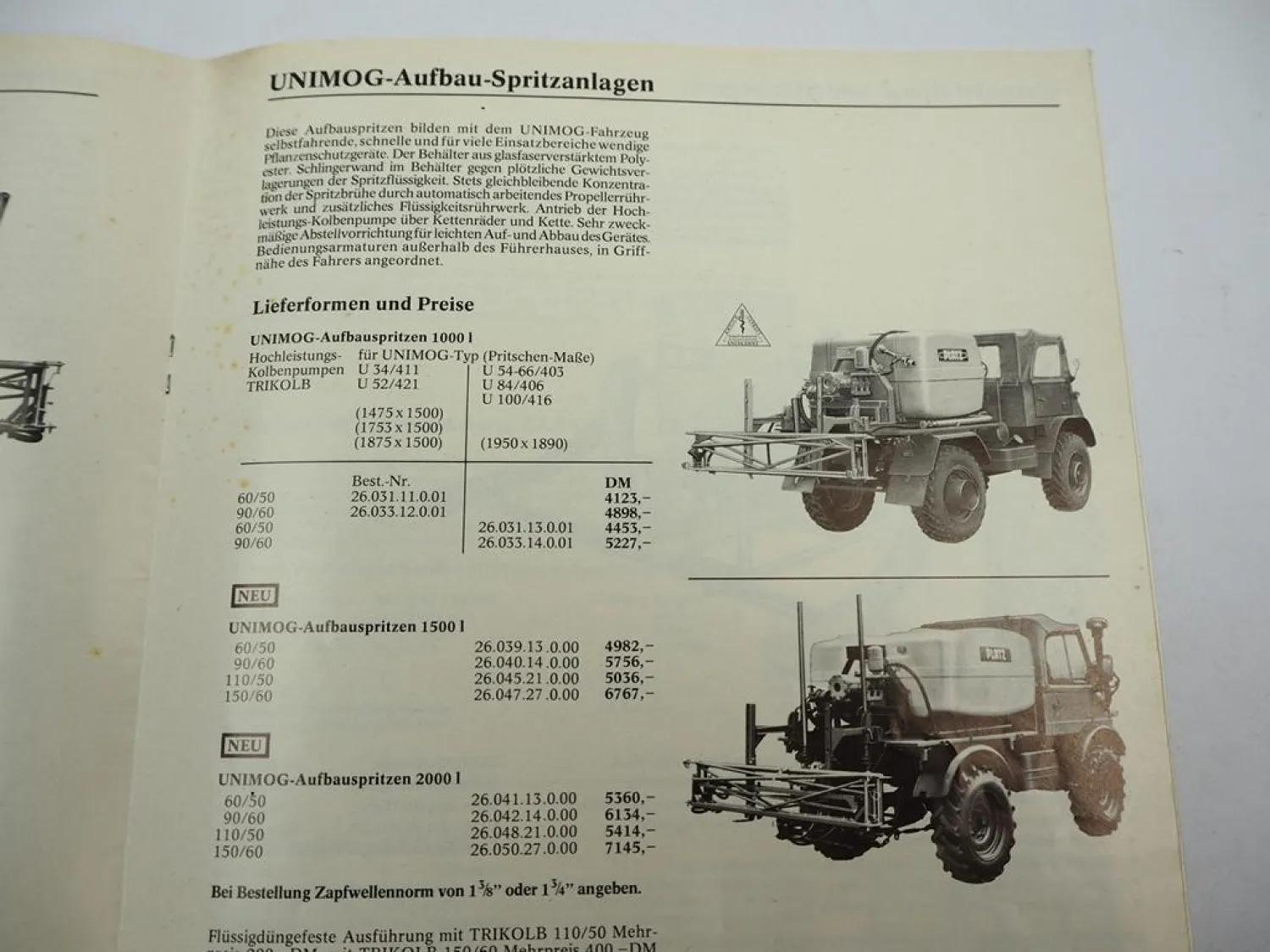 Original Preisliste Platz Pflanzenschutztechnik Spritzgeräte z.B. an Unimog 1972