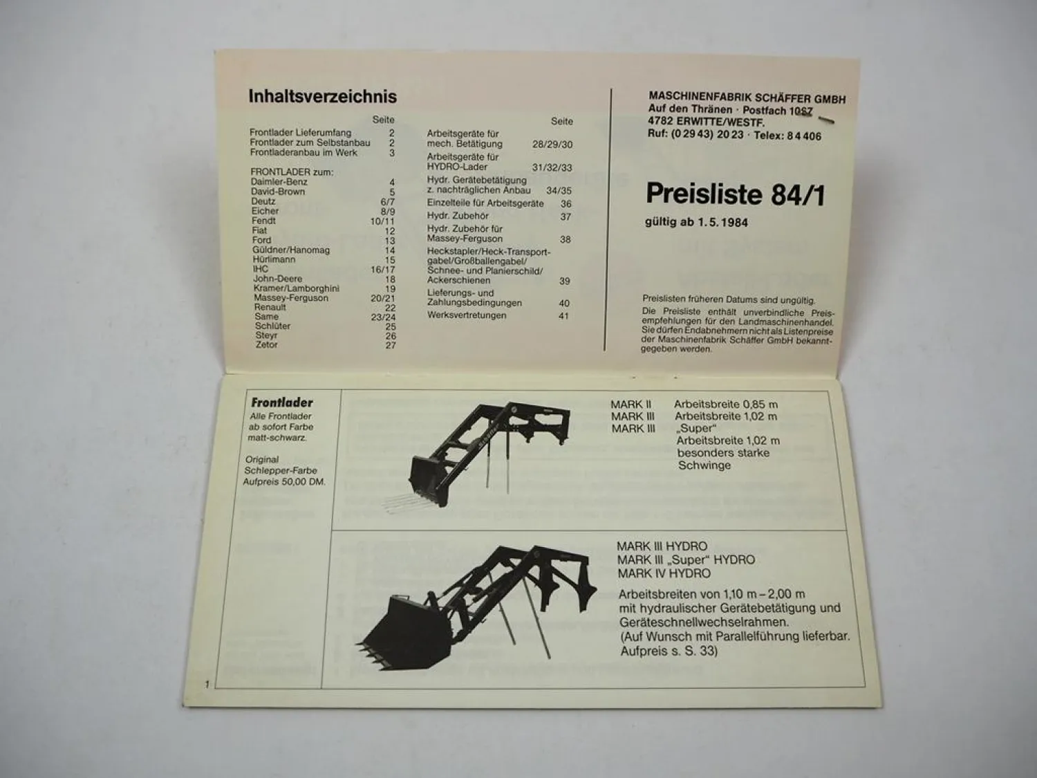 Original Preisliste Schäffer Frontlader Anbaugeräte für Schlepper 1984/1