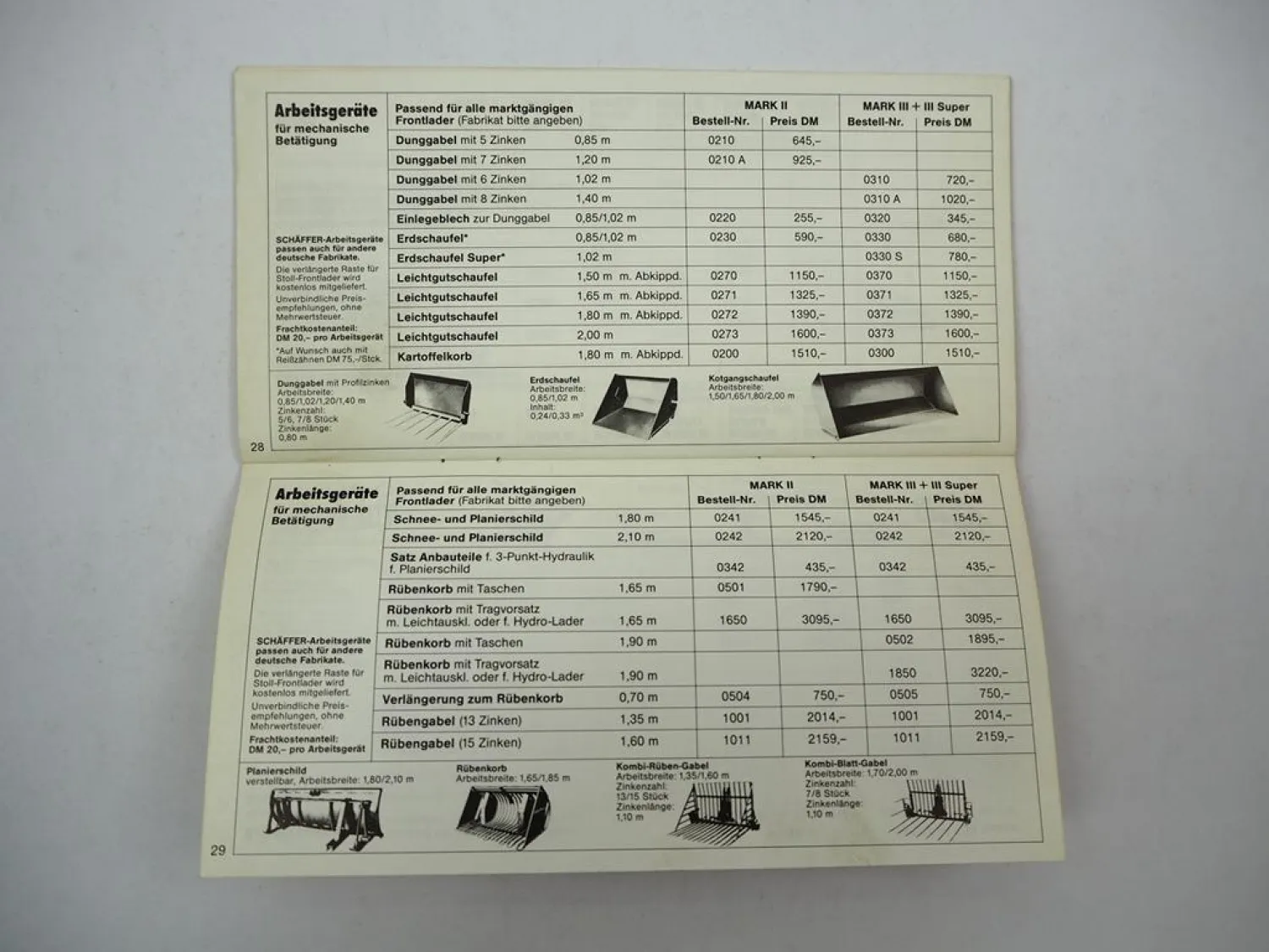 Original Preisliste Schäffer Frontlader Anbaugeräte für Schlepper 1984/1