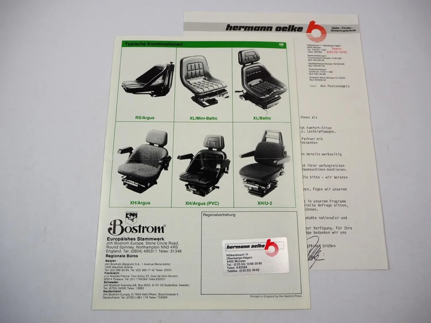 Original Prospekt Anschreiben Bostrom Fahrzeugsitze für Schlepper 1980/90er J.