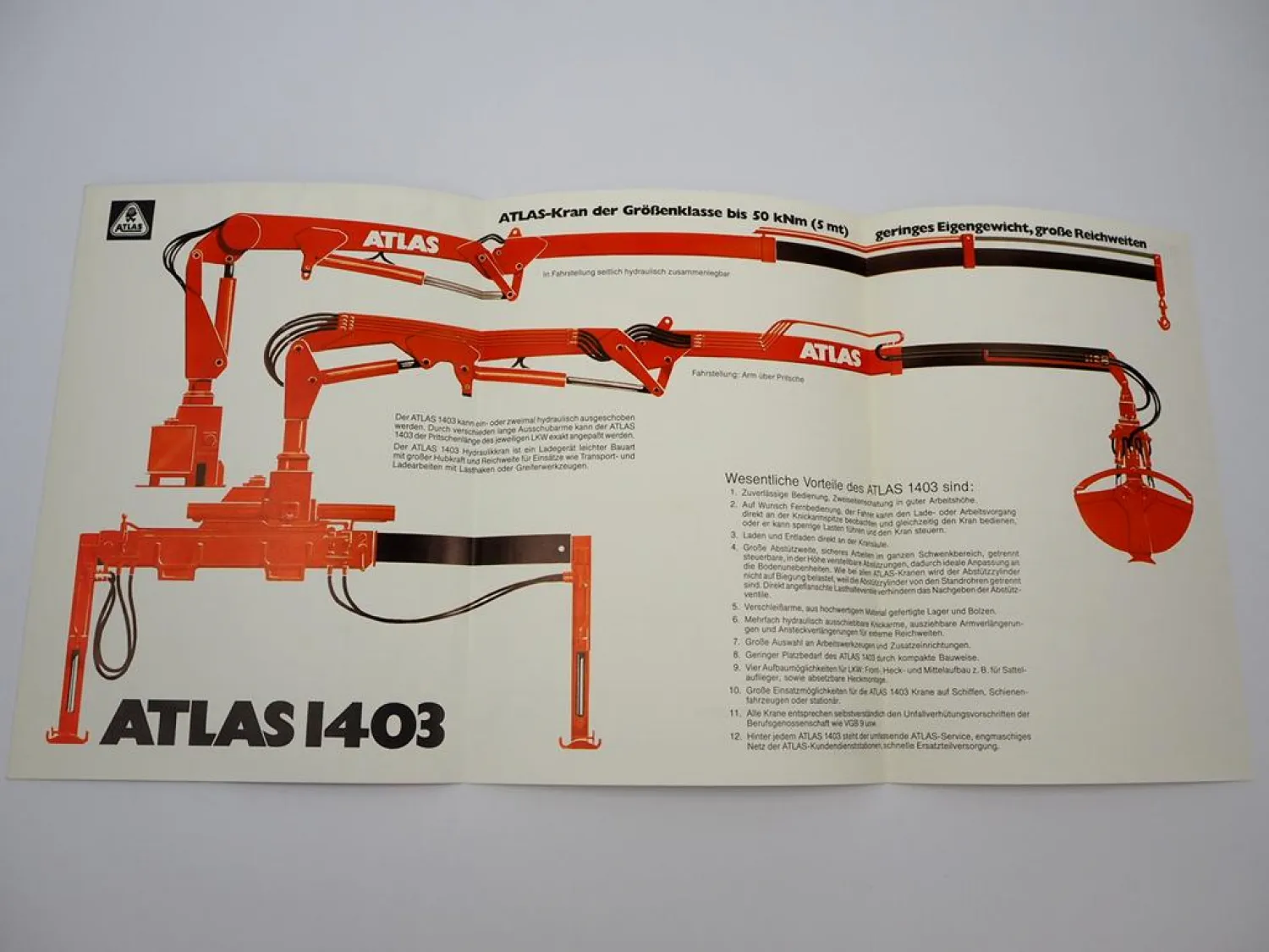 Original Prospekt Atlas 1403 Anbau Kran für LKW 1983 mit technischen Daten